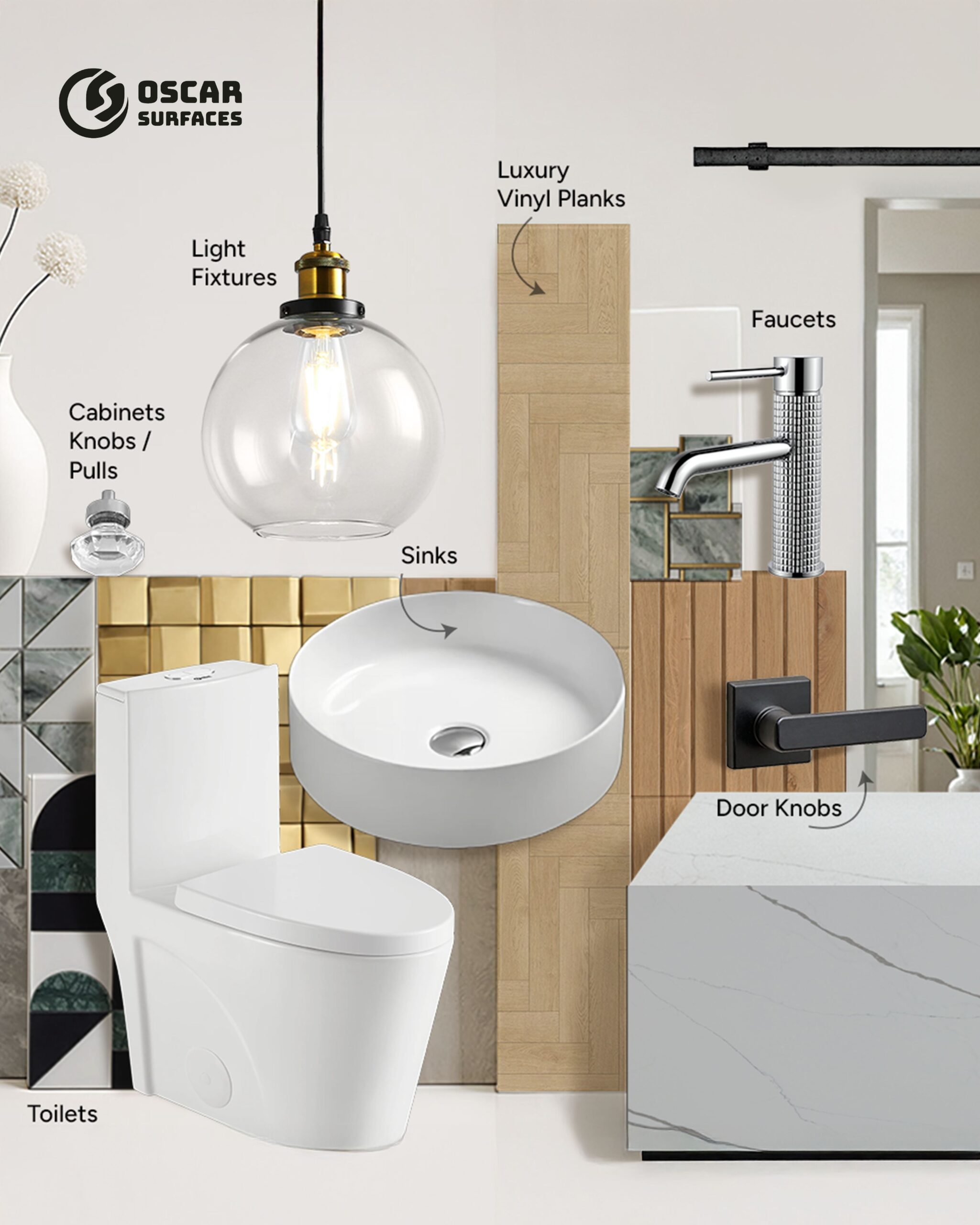 A product graphic from Oscar Surfaces highlighting a range of luxury bathroom fixtures and materials, including toilets, sinks, faucets, and lighting.