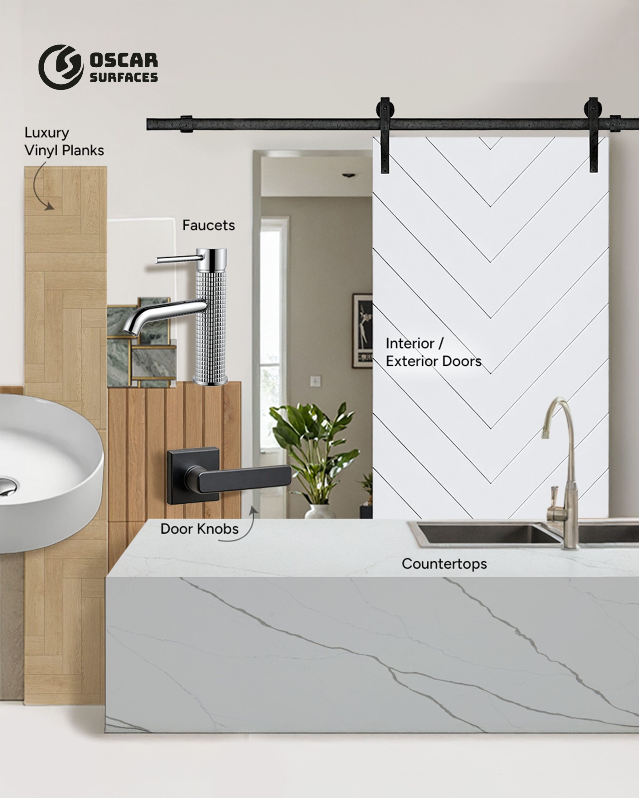 A product graphic from Oscar Surfaces highlighting a range of luxury interior materials like countertops, faucets, door knobs, and vinyl planks used in new Washington homes.