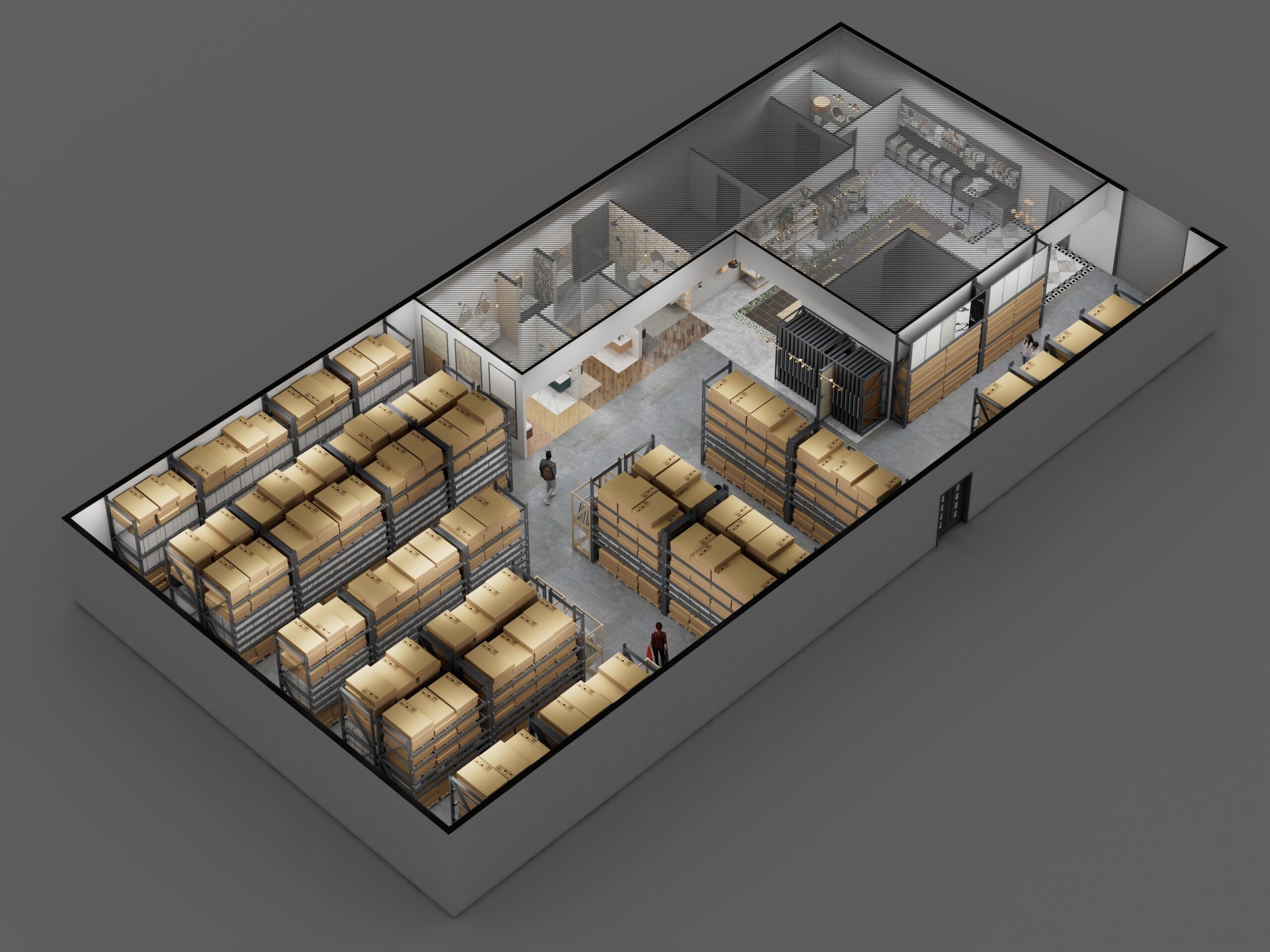 A 3D floor plan rendering of the Oscar Surfaces showroom and warehouse, highlighting the layout of the space built by TP Home.