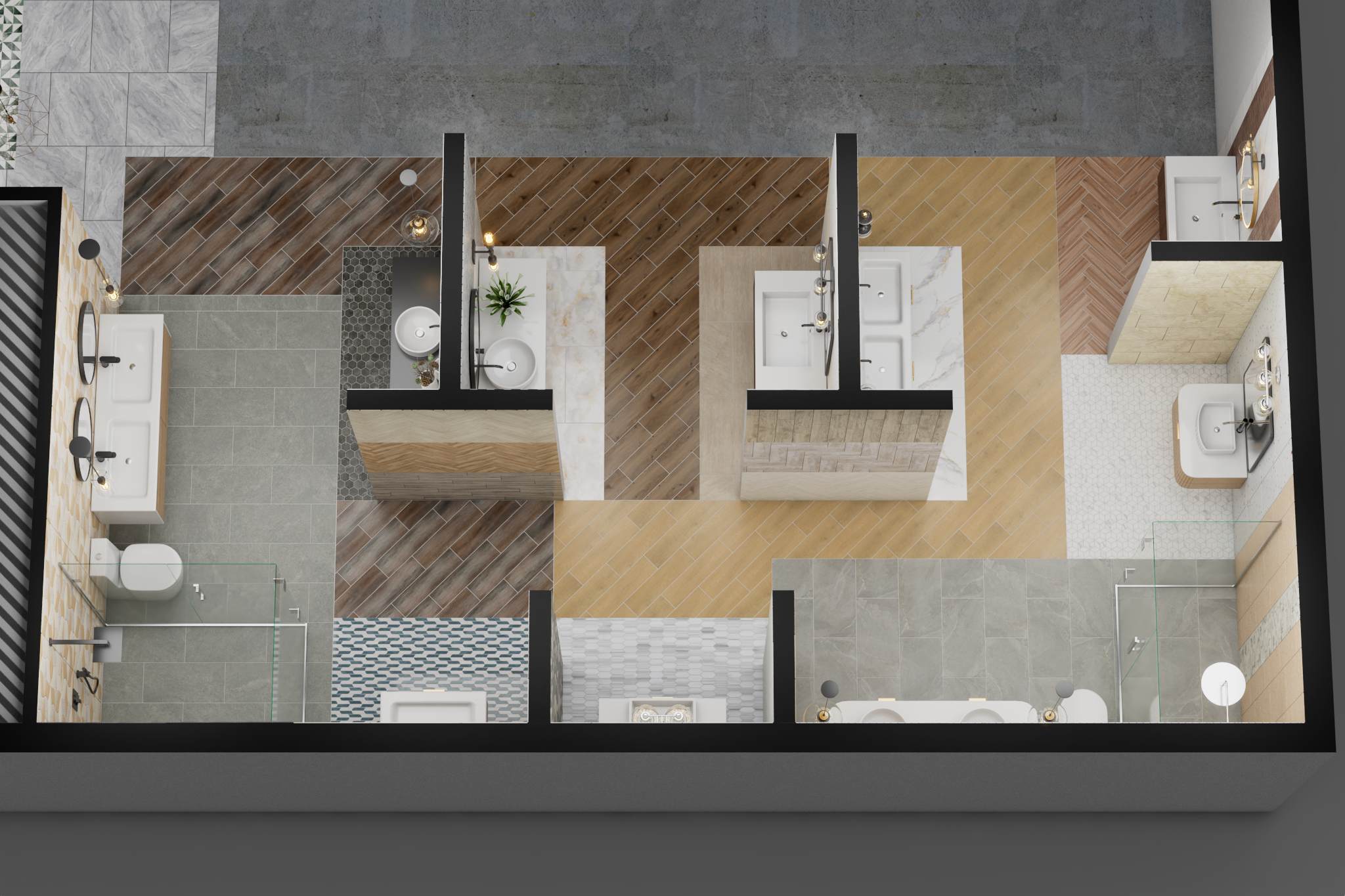 A 3D rendering of various bathroom setups, showcasing a mix of tile patterns, wood finishes, and modern fixtures available in the showroom.