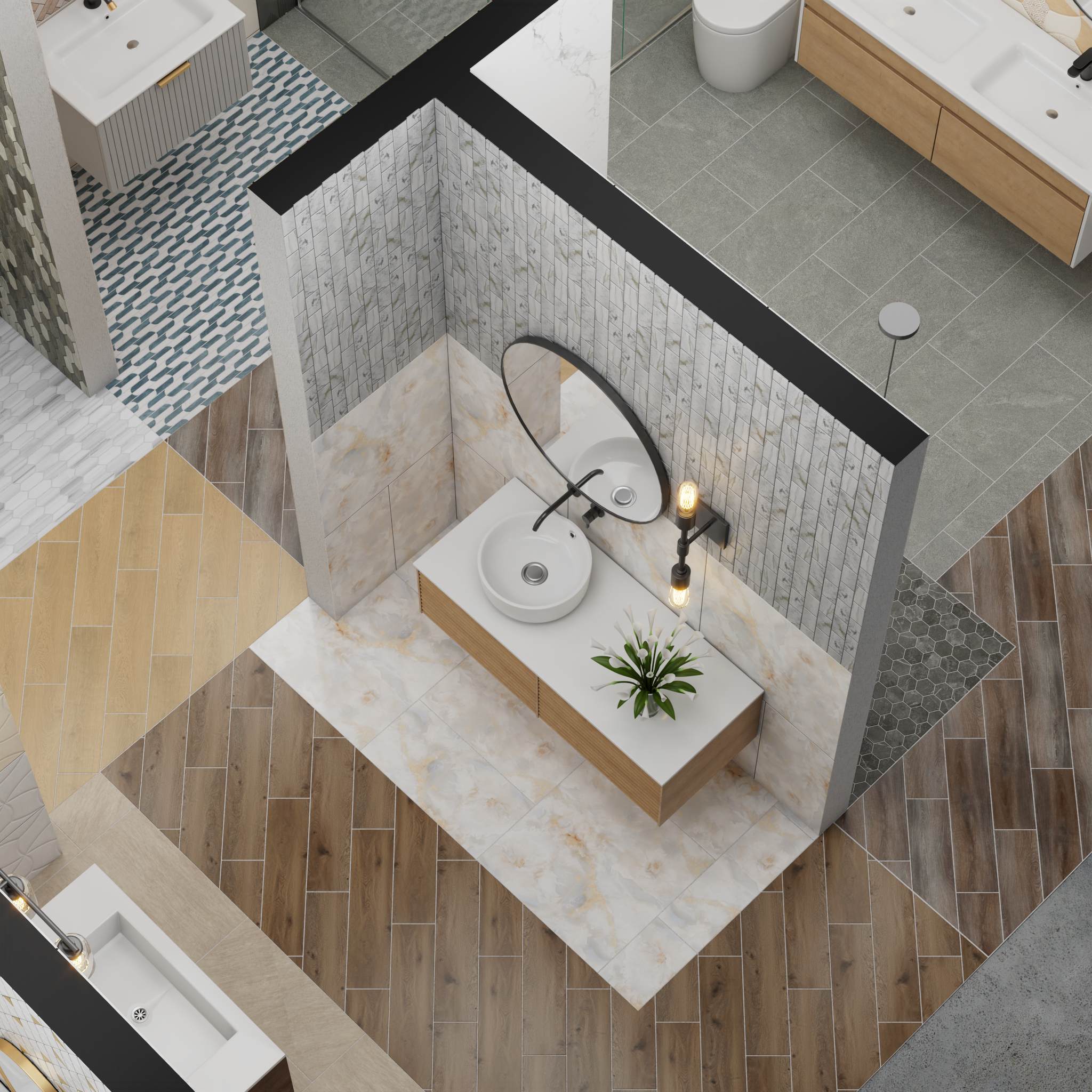 A top-down 3D rendering of a showroom space featuring a modern vanity, a round mirror, and a variety of floor and wall tiles from Oscar Surfaces.