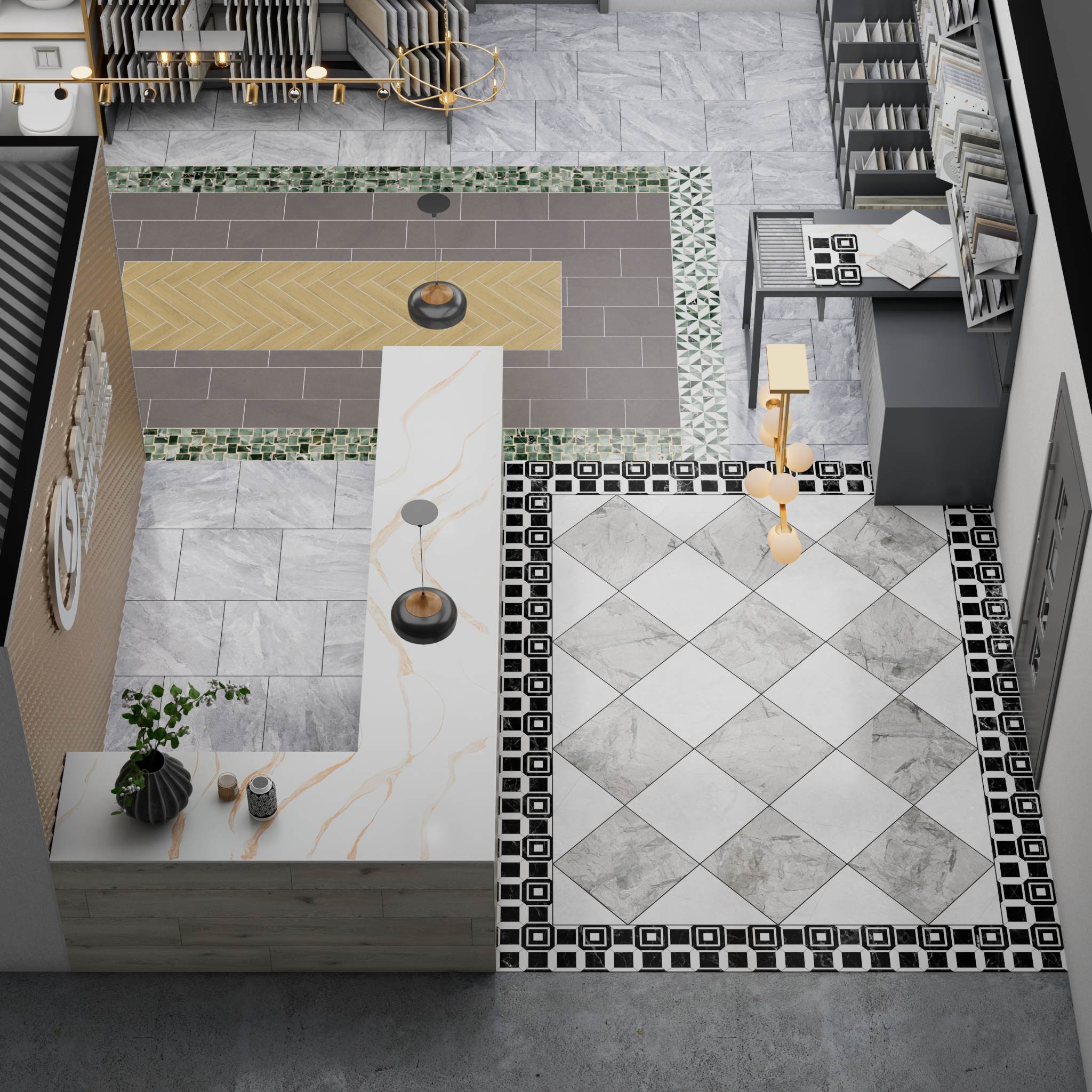 An overhead view of the Oscar Surfaces showroom floor layout, highlighting various tile and surface designs in a modern, stylized setting.
