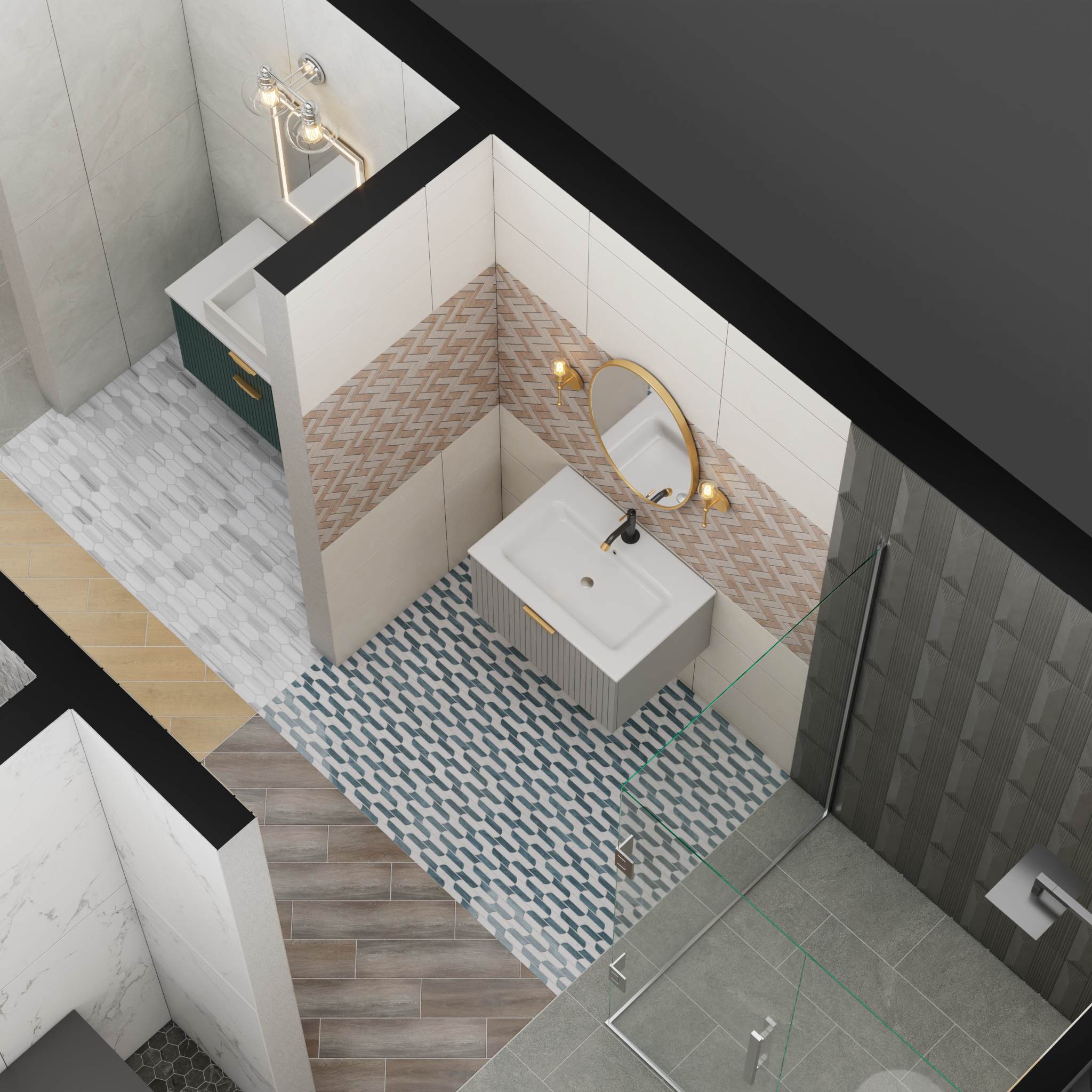 A 3D rendering of a bathroom design with a variety of geometric and patterned tiles, showcasing a bold and modern finish combination.