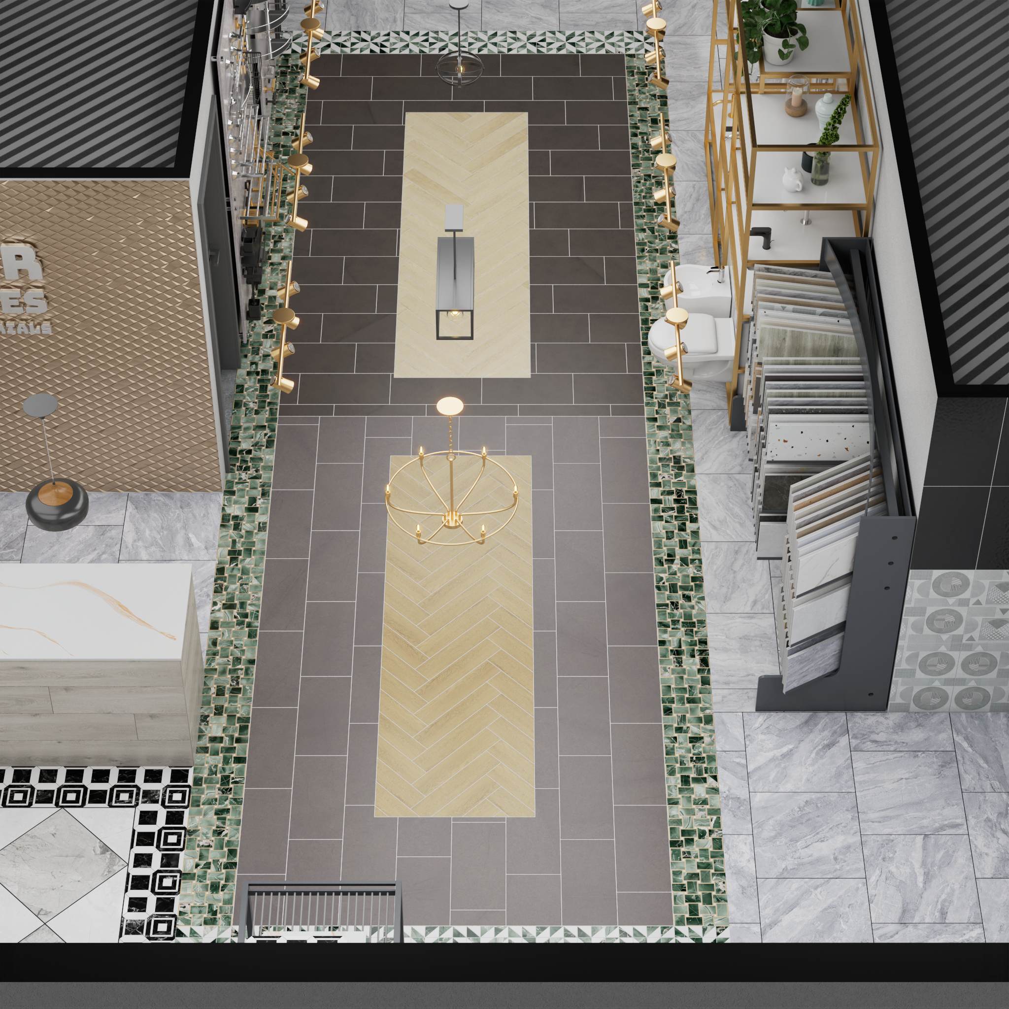 An overhead 3D rendering of a showroom aisle, showcasing different tile patterns and a modern lighting chandelier, designed to inspire customers.
