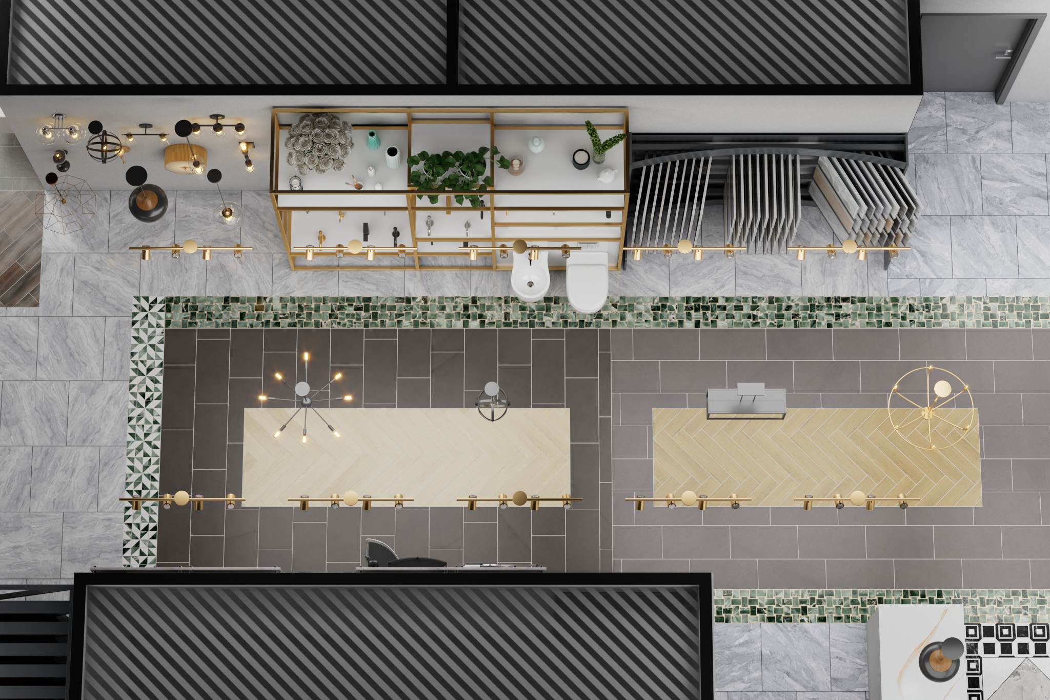 An overhead 3D rendering of the Oscar Surfaces showroom floor, showcasing different tile patterns and displays of finishes built by TP Home.