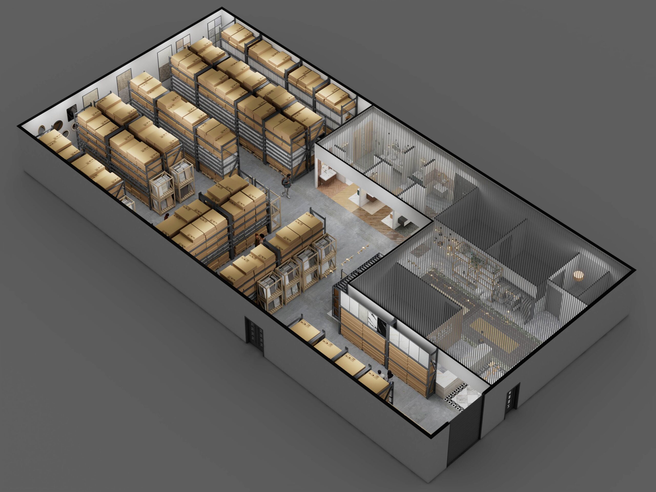 An isometric 3D visualization of a Seattle office and warehouse layout, showcasing the building design by Pixel 3D for a TP Home partner.