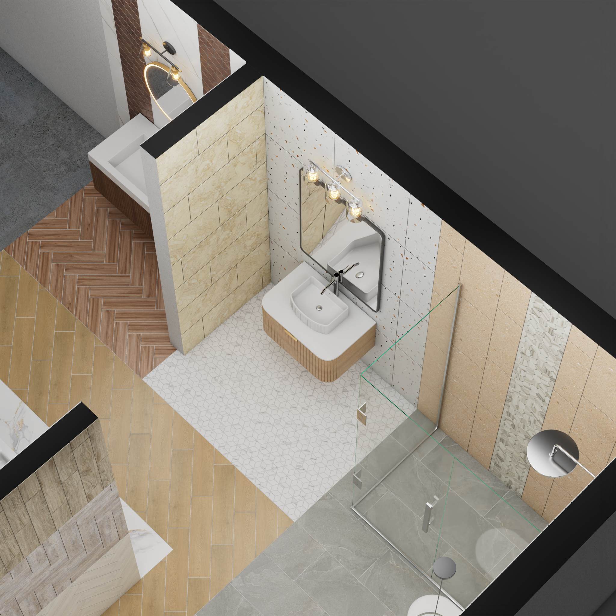 A 3D visualization of a bathroom space, showcasing a variety of finishes including mosaic tiles, wood-look flooring, and a modern sink vanity.