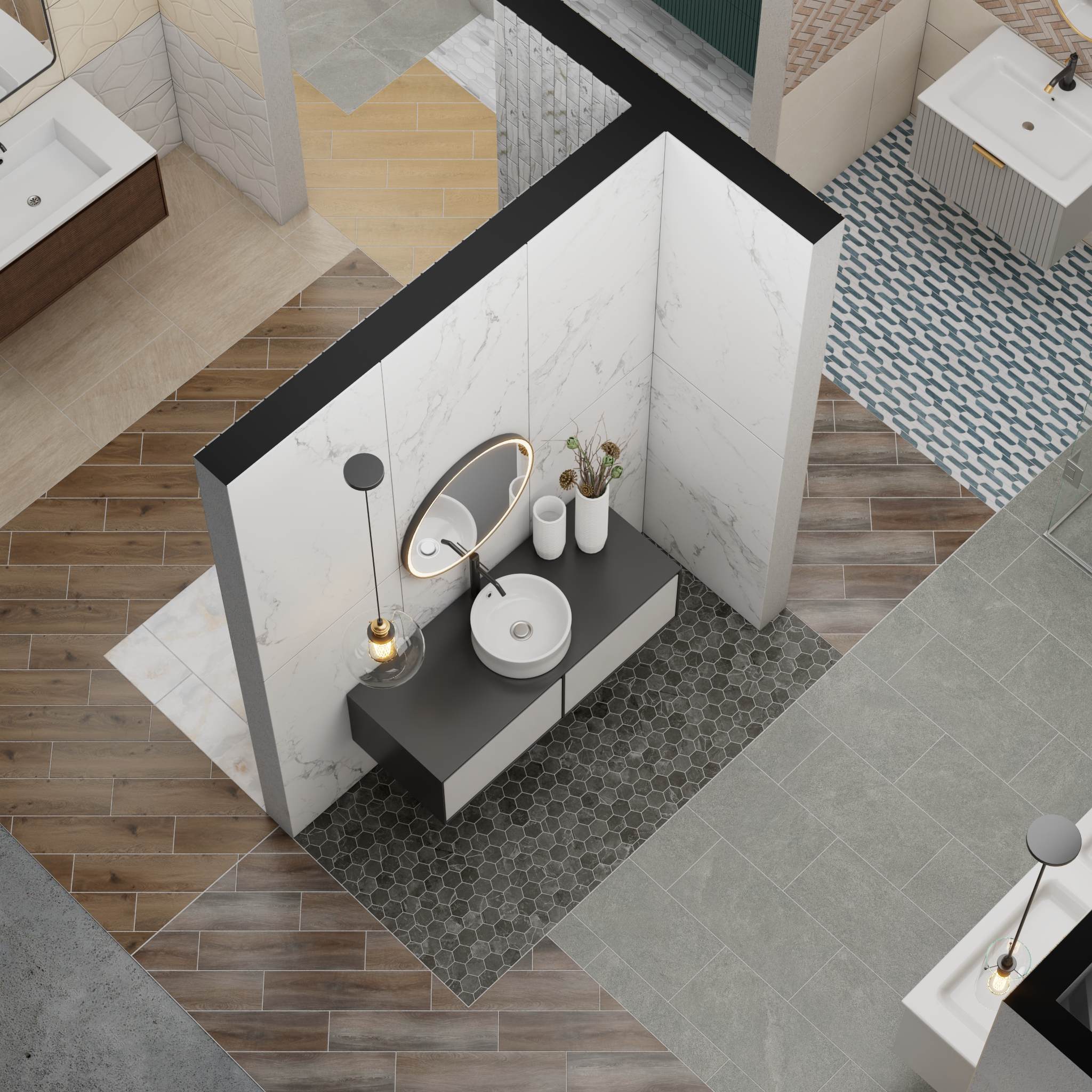 A 3D rendering of a showroom floor, highlighting diverse interior finishes including a gray hexagon tile, a wood-look pattern, and a black-and-white check design.