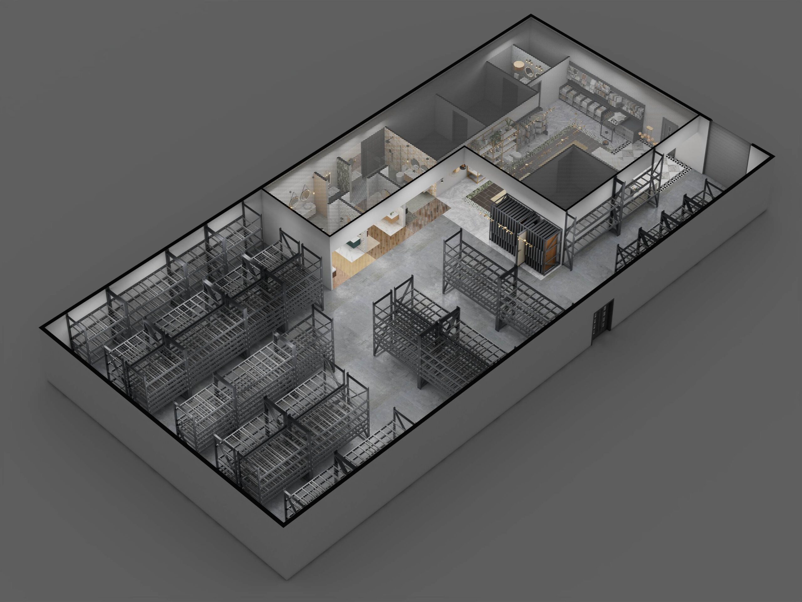 An isometric 3D visualization of a commercial warehouse and showroom space, showing the structure and layout with empty product shelving.