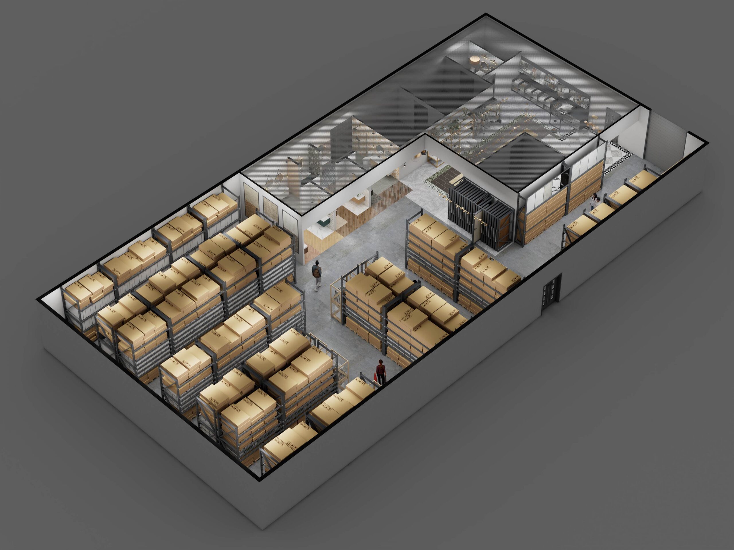 An isometric 3D visualization of a Seattle office and warehouse layout, showcasing the building design by Pixel 3D for a TP Home partner.