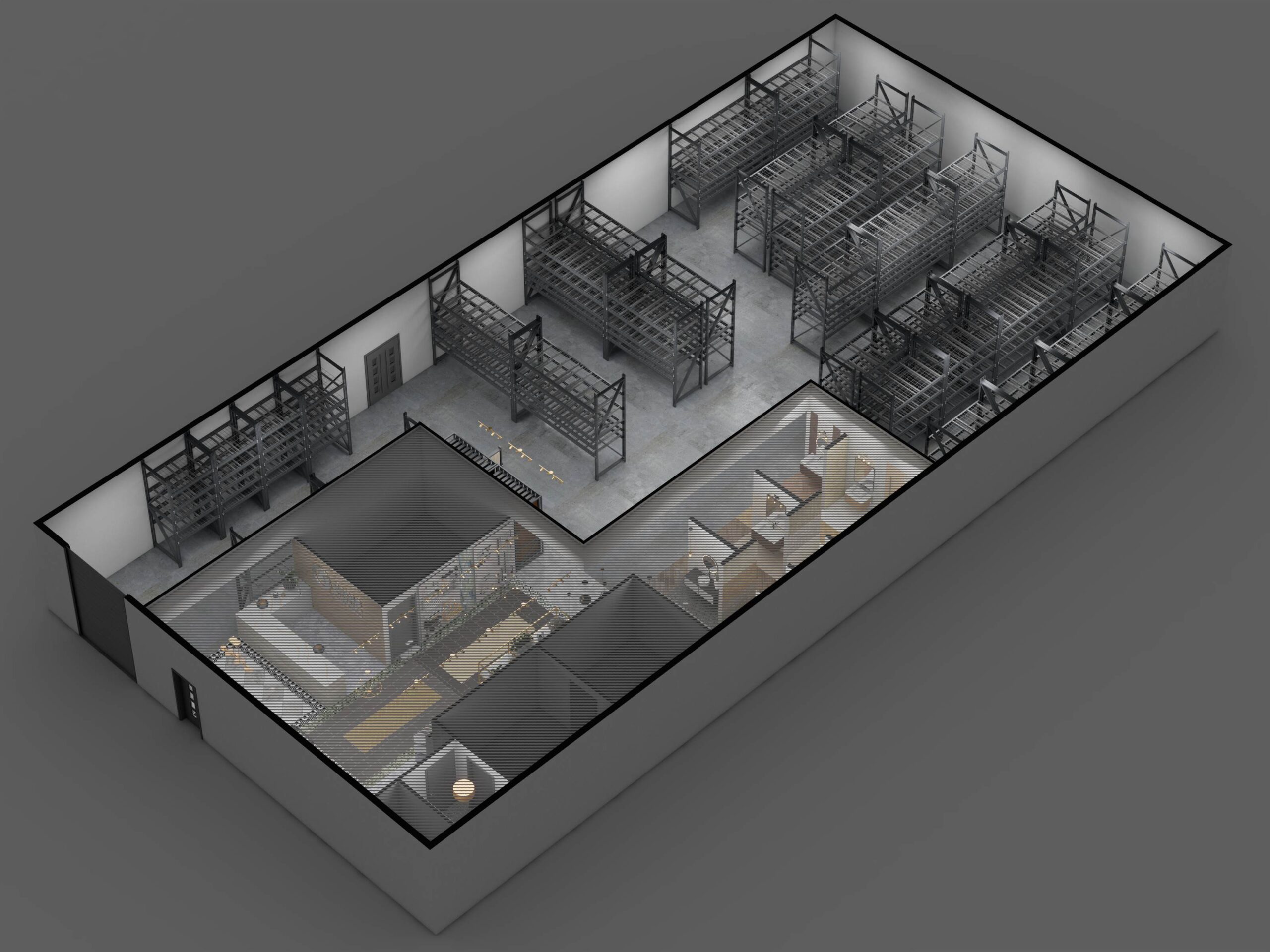 An architectural visualization of a commercial warehouse and showroom space, showing the structure and layout with empty product shelving.