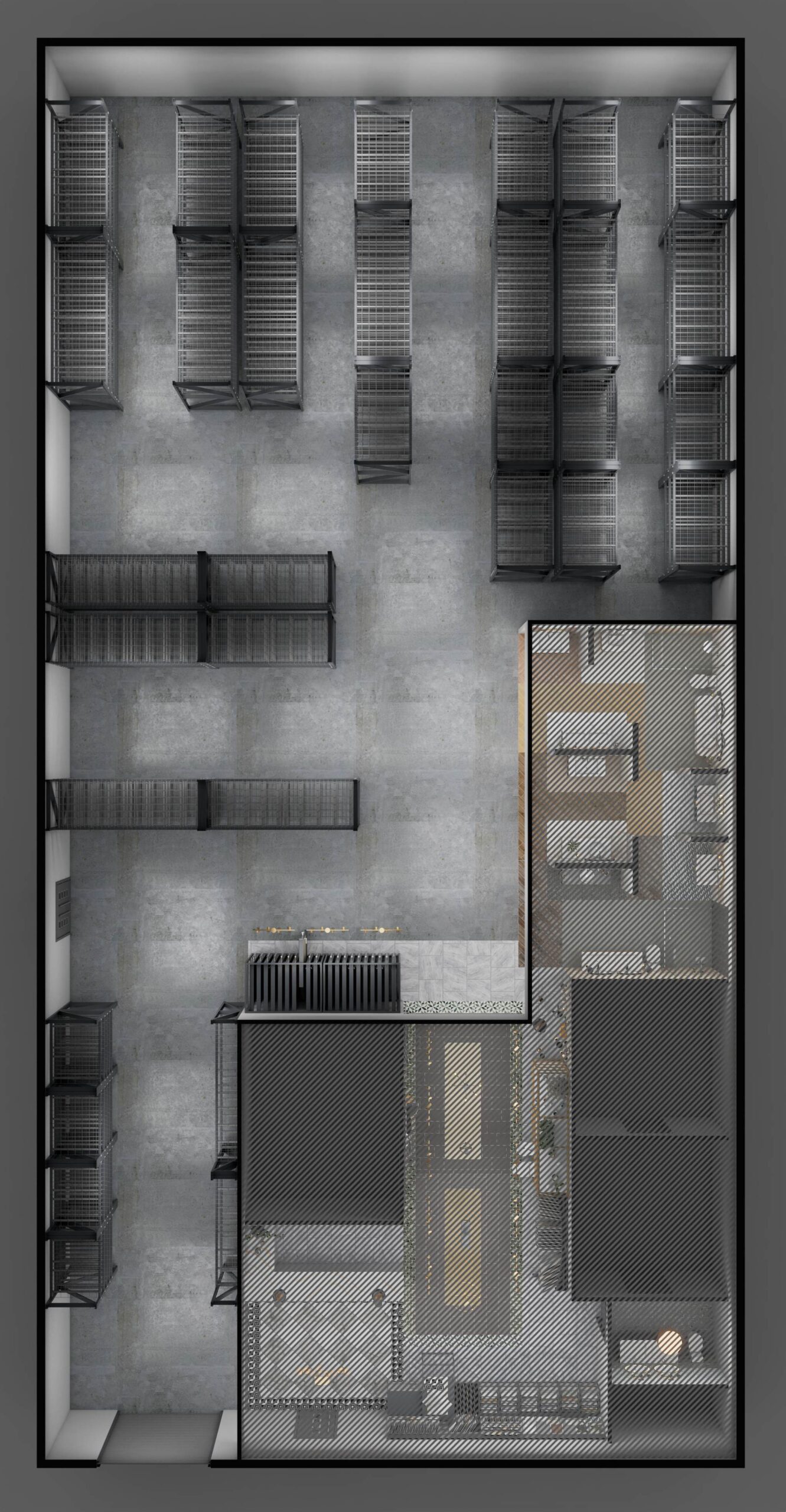 A top-down visualization of a commercial space, showing the organized layout of a warehouse and the stylish design of a connected showroom.