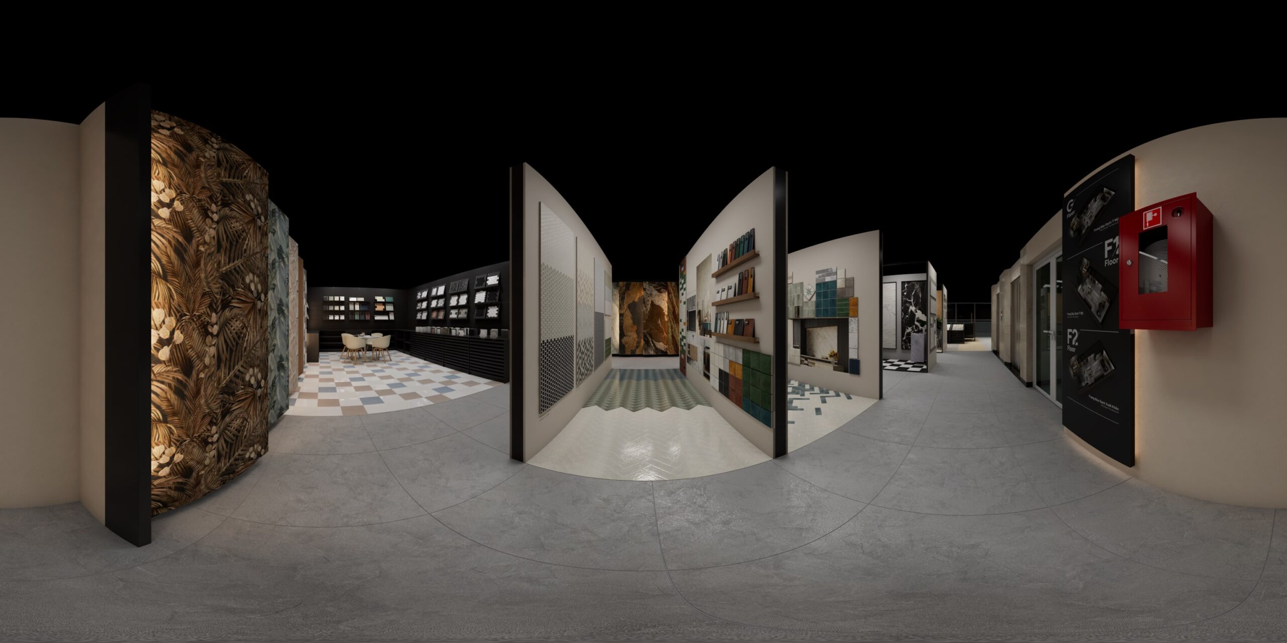A panoramic 3D visualization of a spacious showroom, featuring walls lined with various tile and surface samples for customer browsing.