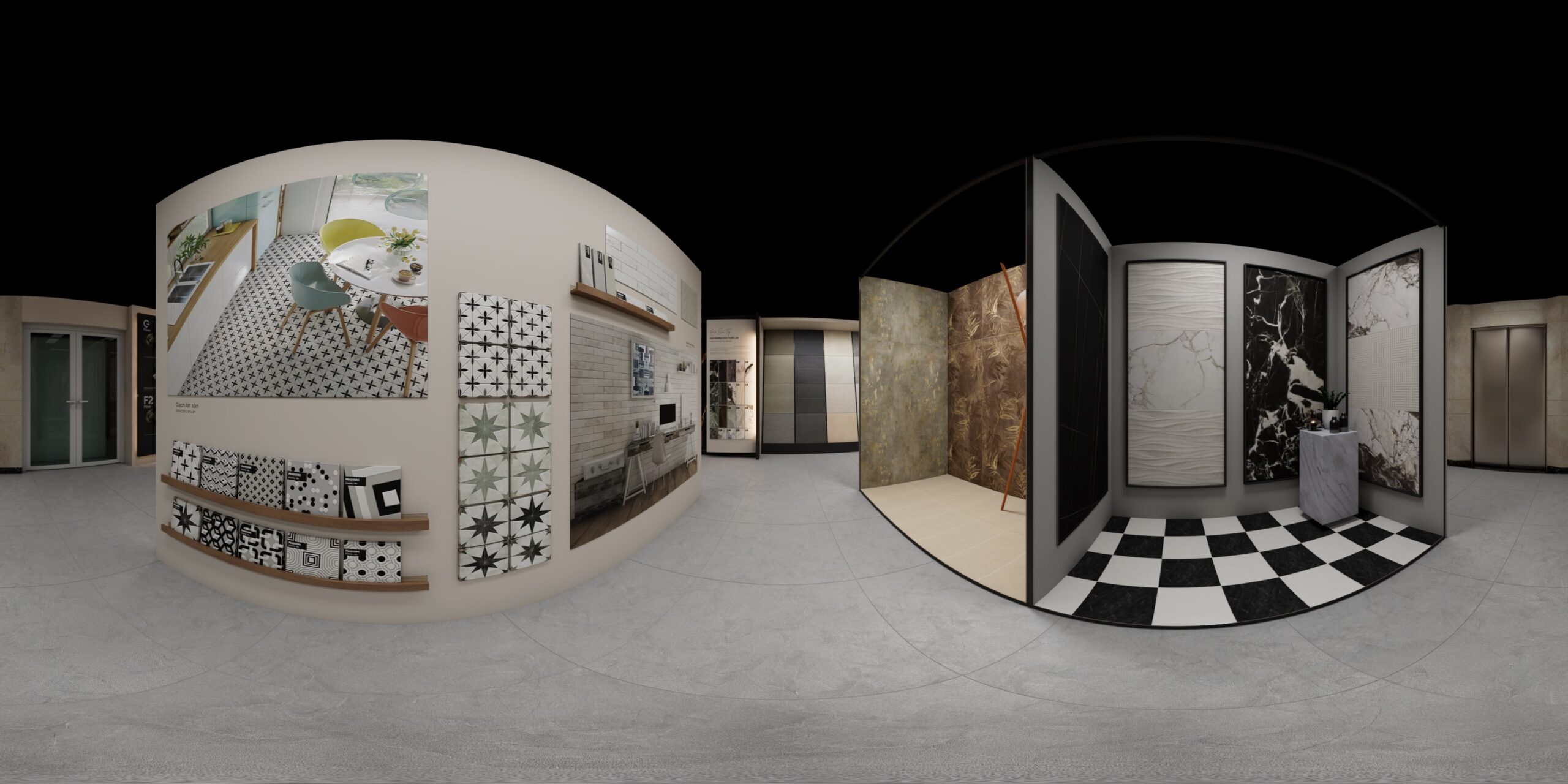 A panoramic 3D visualization of a spacious showroom, featuring walls lined with various tile and surface samples for customer browsing.