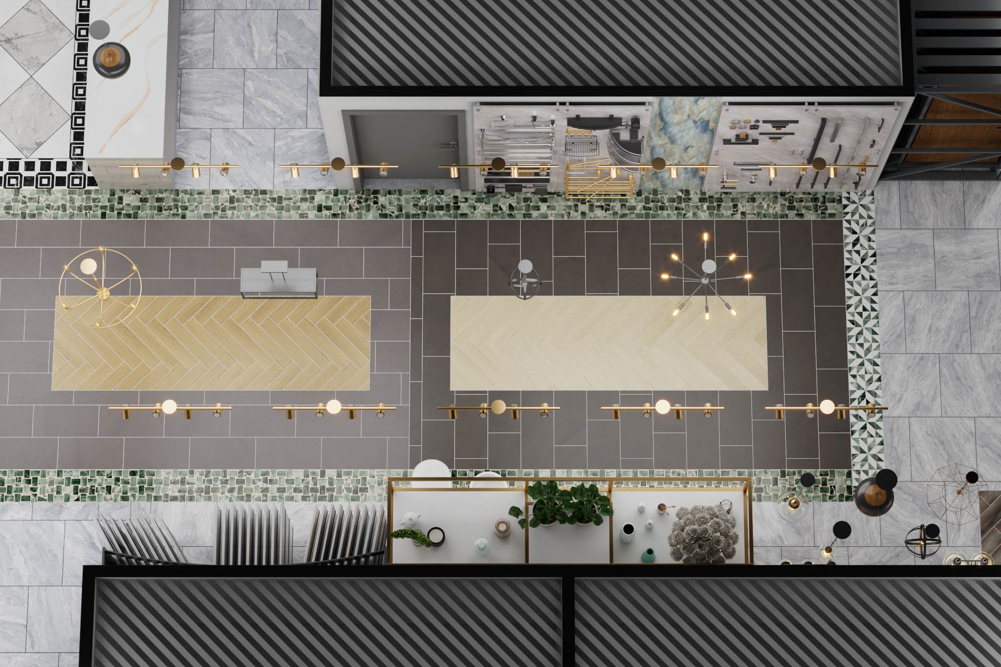 An overhead 3D rendering of a showroom floor, showcasing various tile patterns and product displays for a modern interior space.