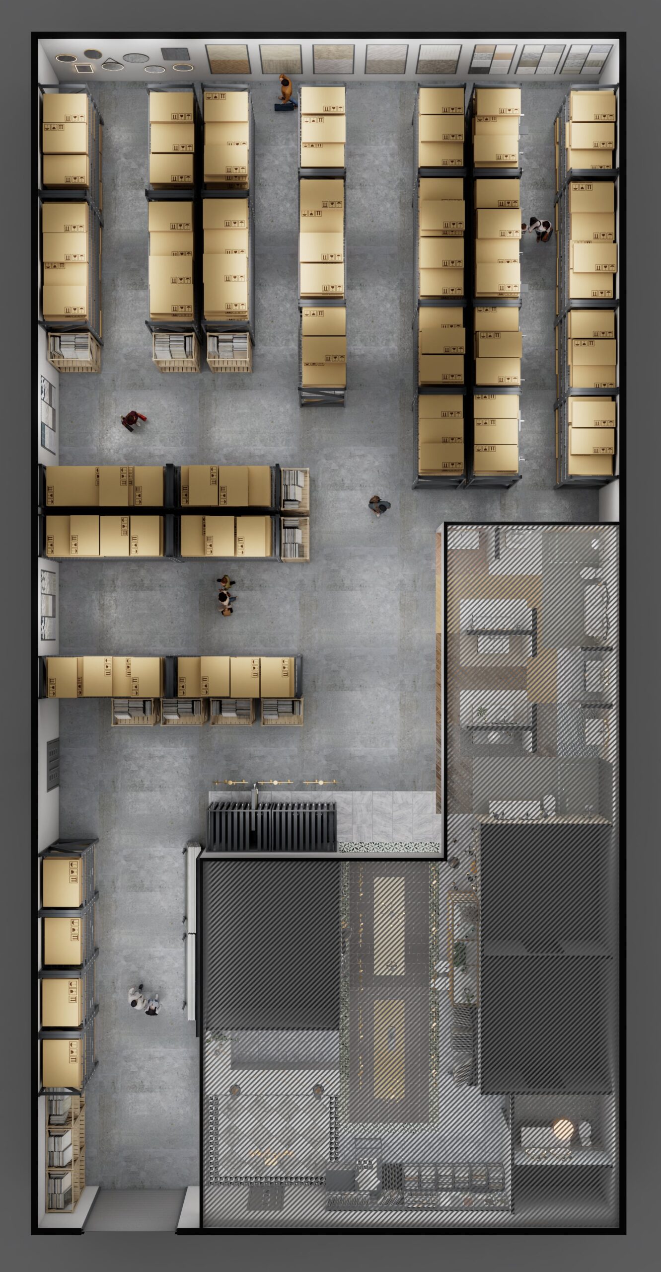 A top-down visualization of a commercial space, showing the organized layout of a warehouse and the stylish design of a connected showroom.