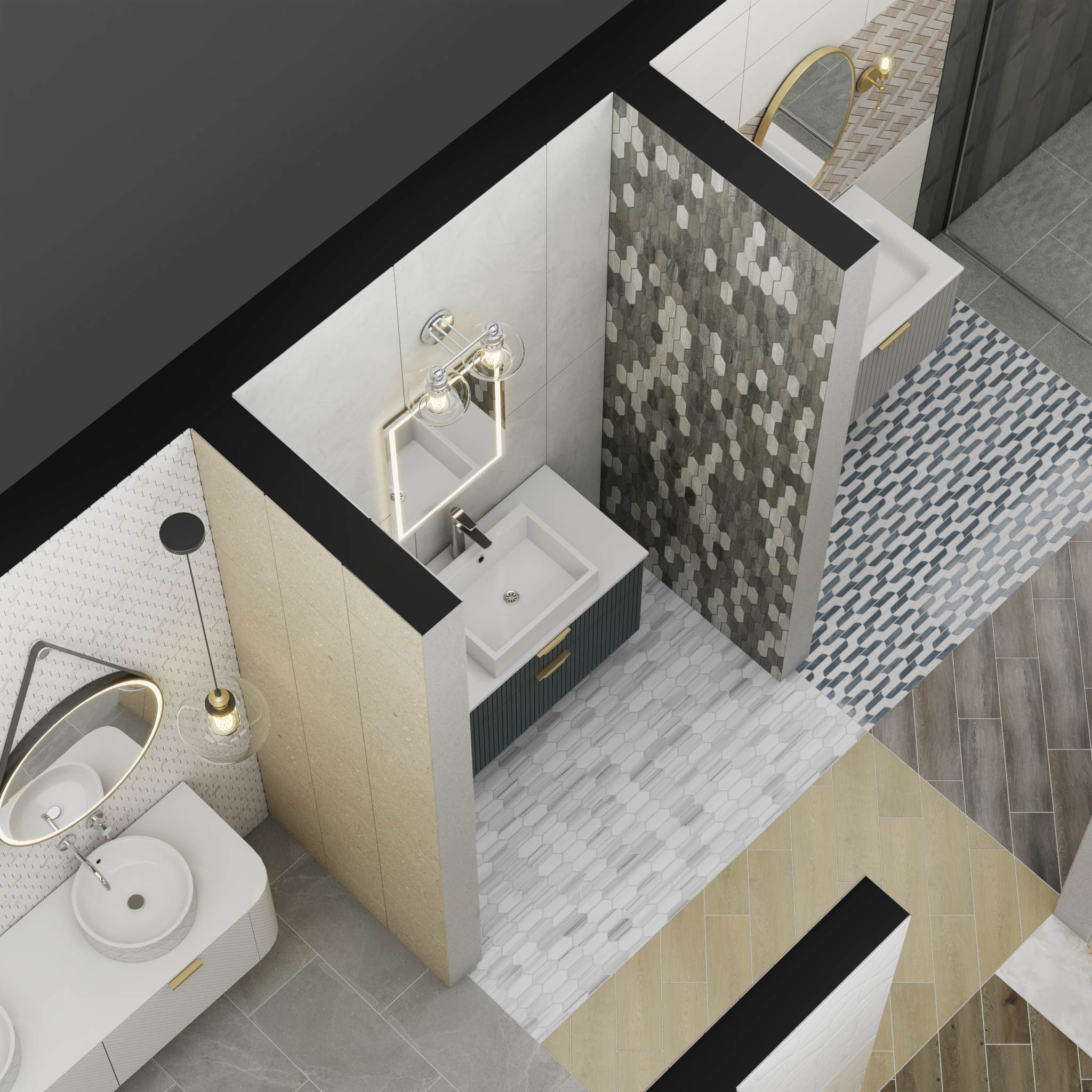 A 3D visualization of a bathroom space, showcasing a mix of modern hex, wood-look, and marble-style tiles, along with a sleek vanity and lighting.