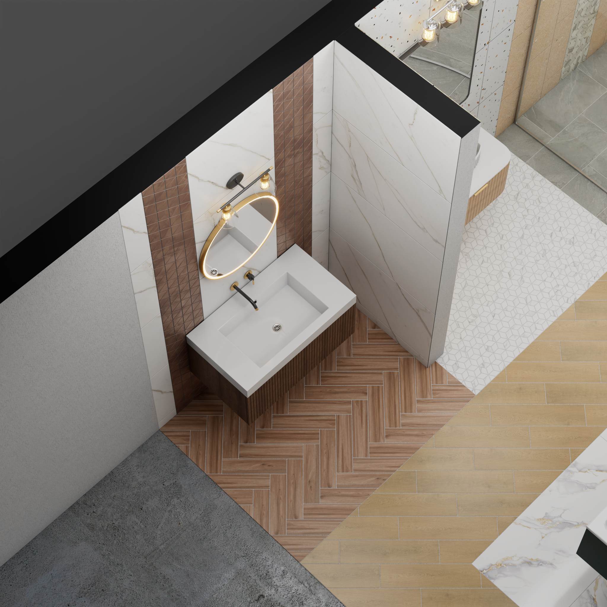 A 3D visualization of a bathroom with a modern, wood-look herringbone floor and contrasting tiled walls, representing a creative design concept.