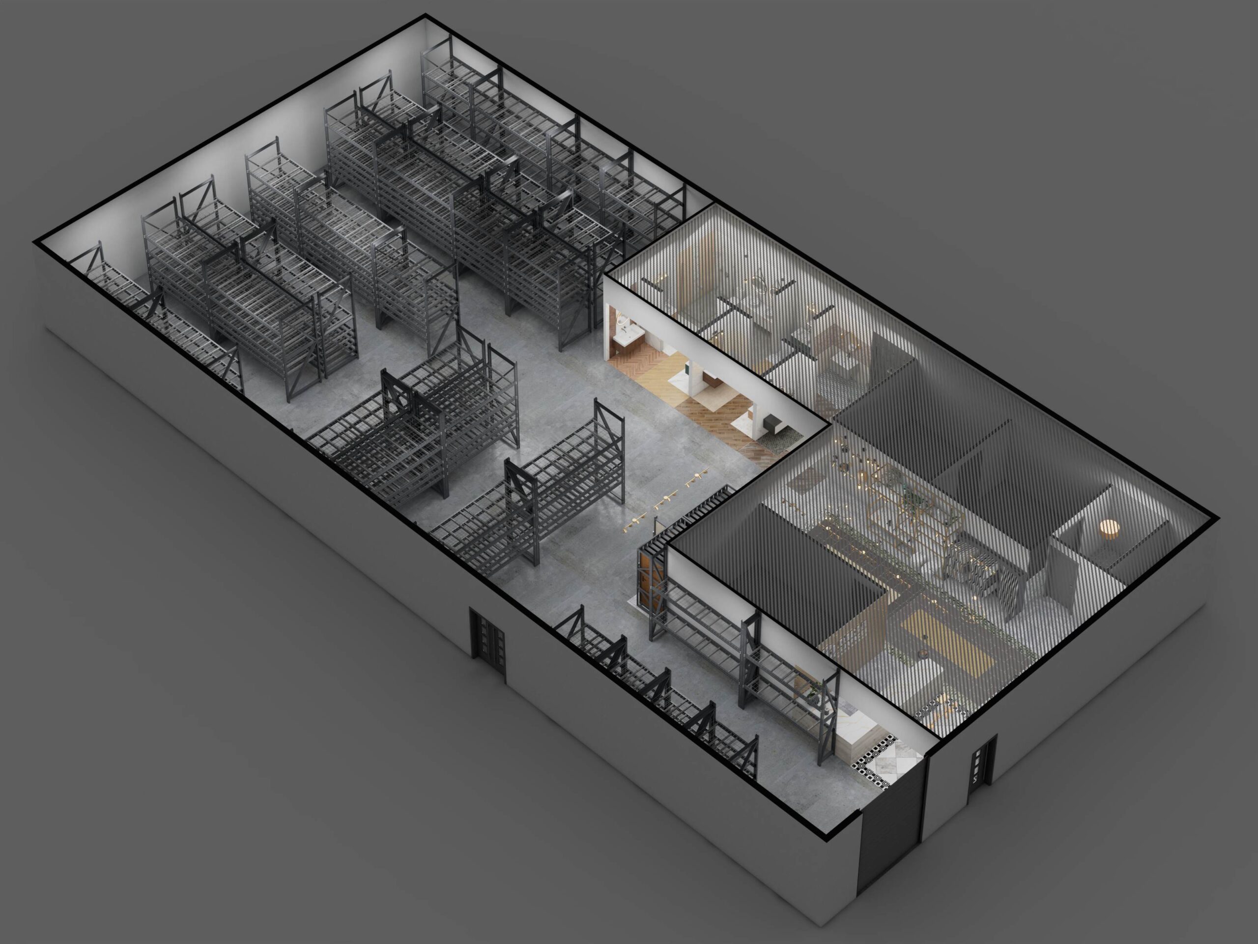 An architectural visualization of a commercial warehouse and showroom space, showing the structure and layout with empty product shelving.