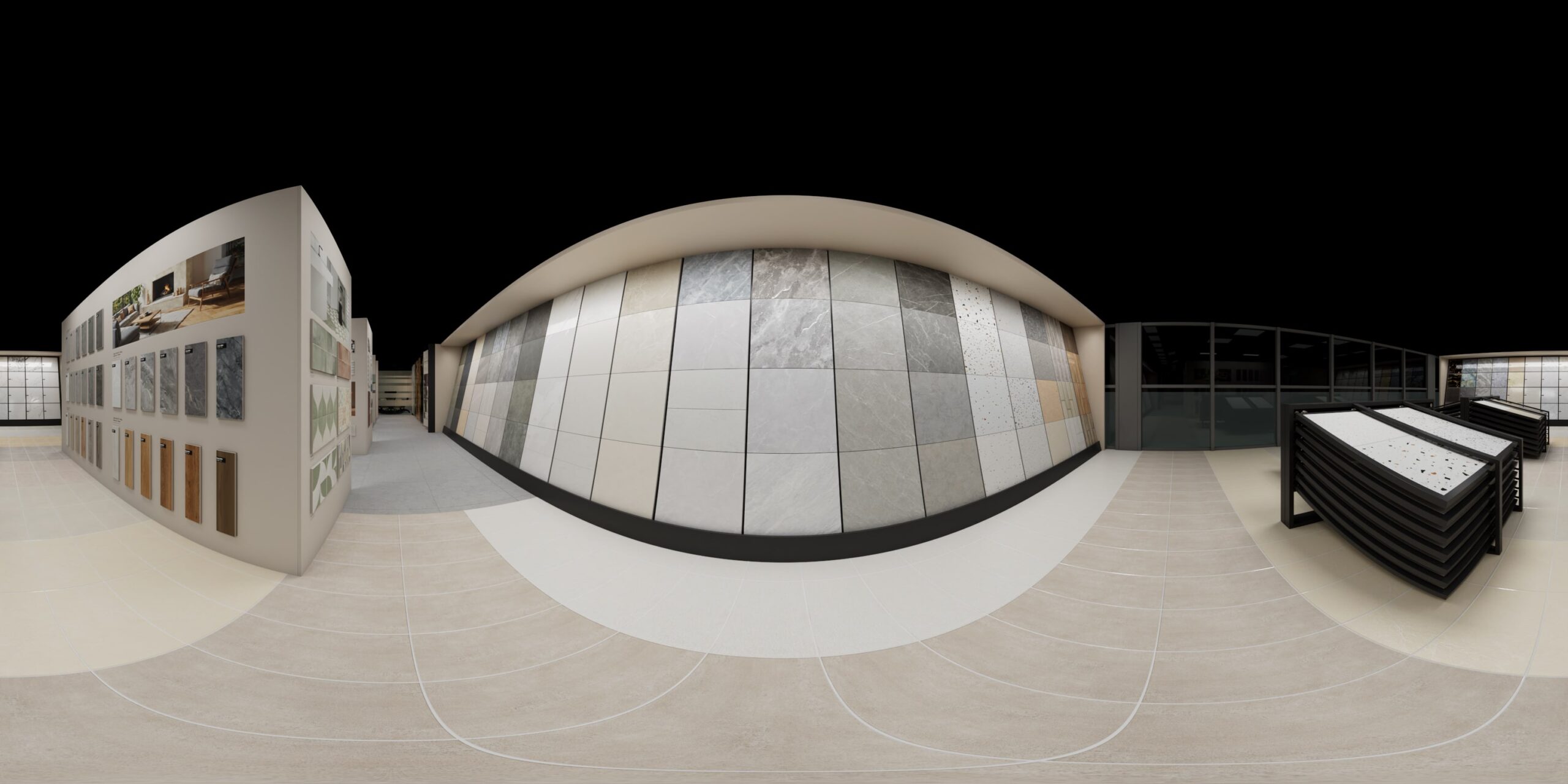 A panoramic 3D visualization of a spacious showroom, featuring walls lined with various tile and surface samples for customer browsing.