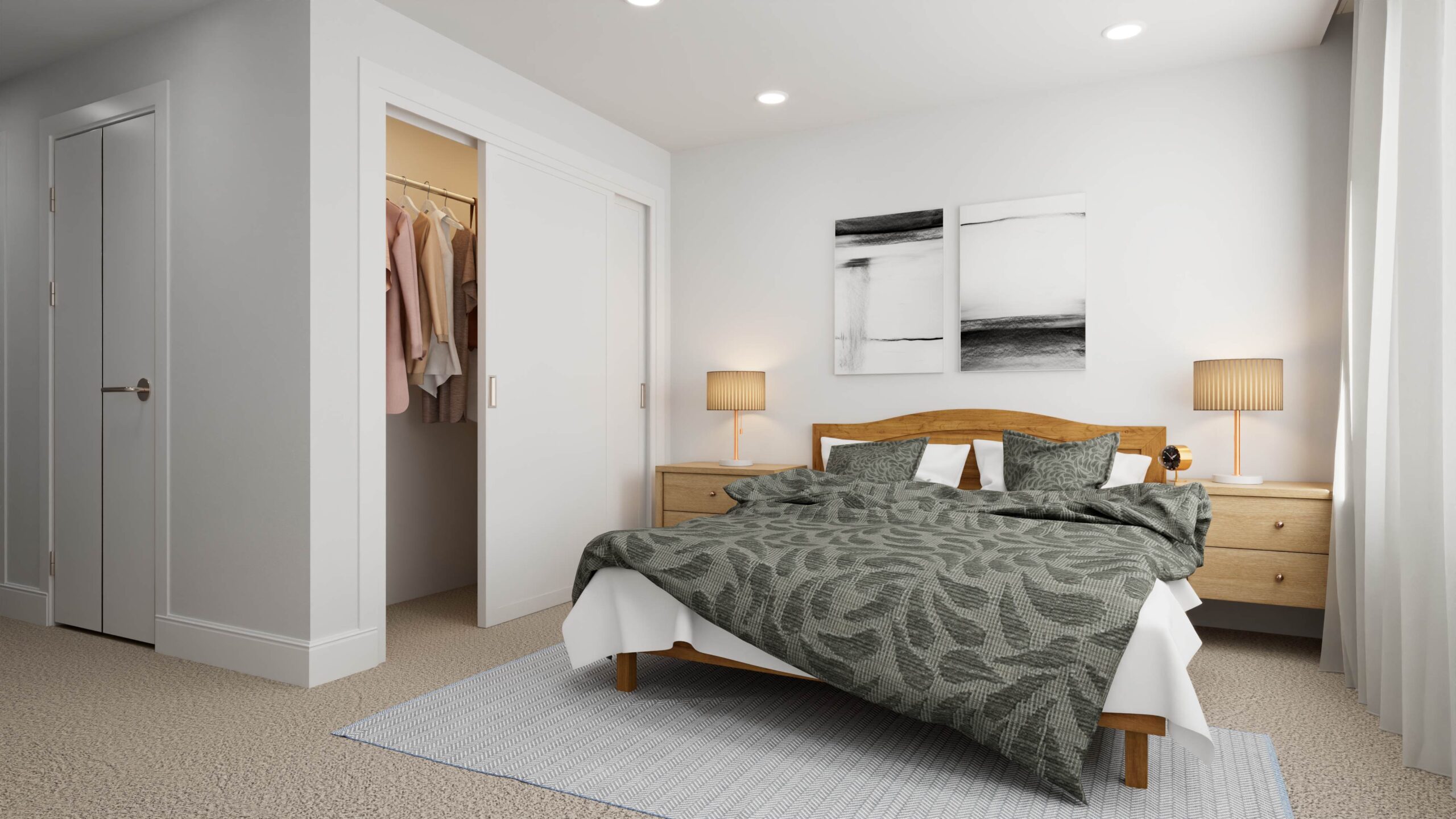 A 3D rendering of a modern bedroom with a bed, nightstands, and an open sliding closet door, created to visualize a TP Home build.