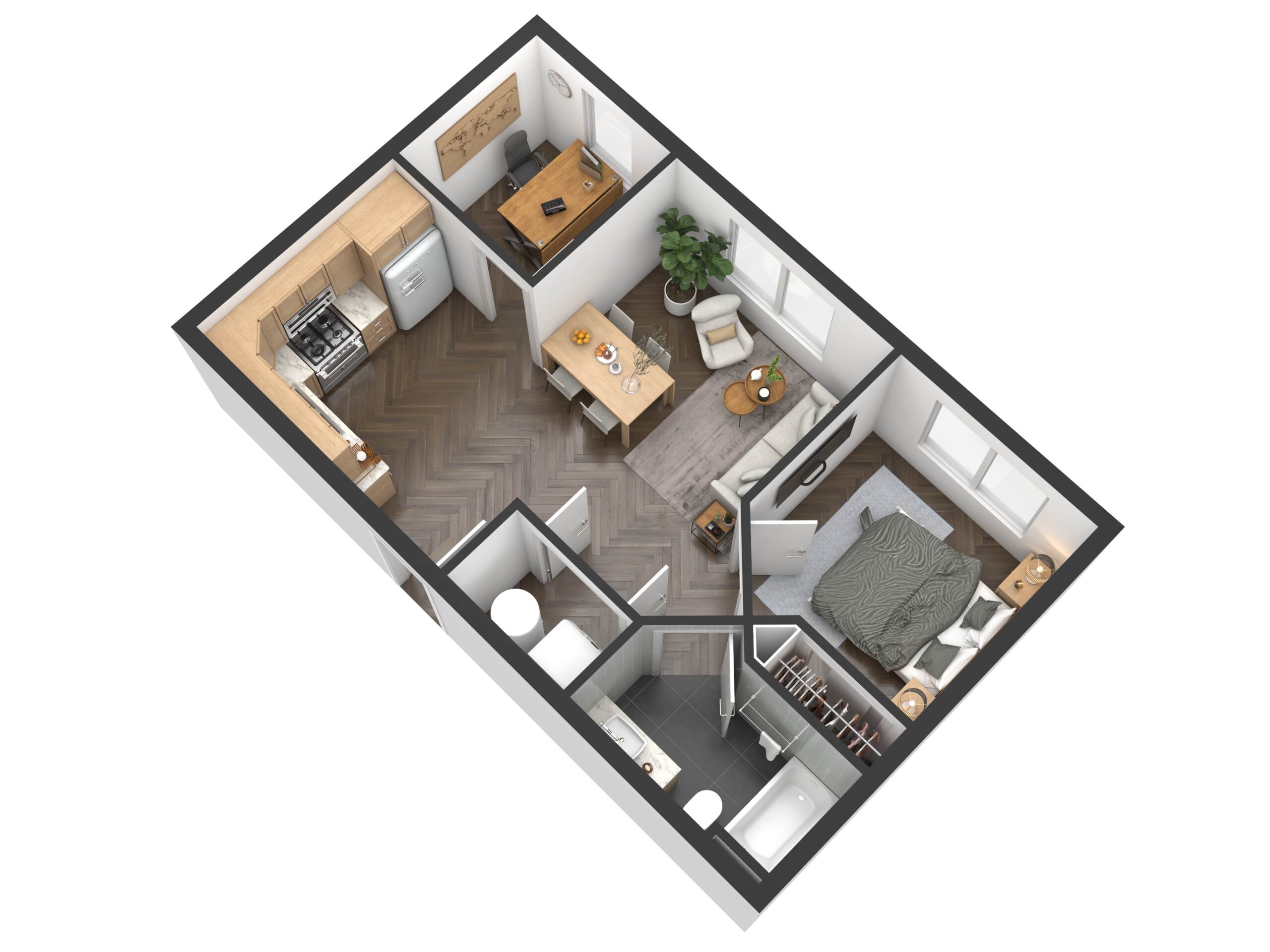 A top-down 3D floor plan of a complete apartment, showing the layout of all rooms and furniture for a new home project.