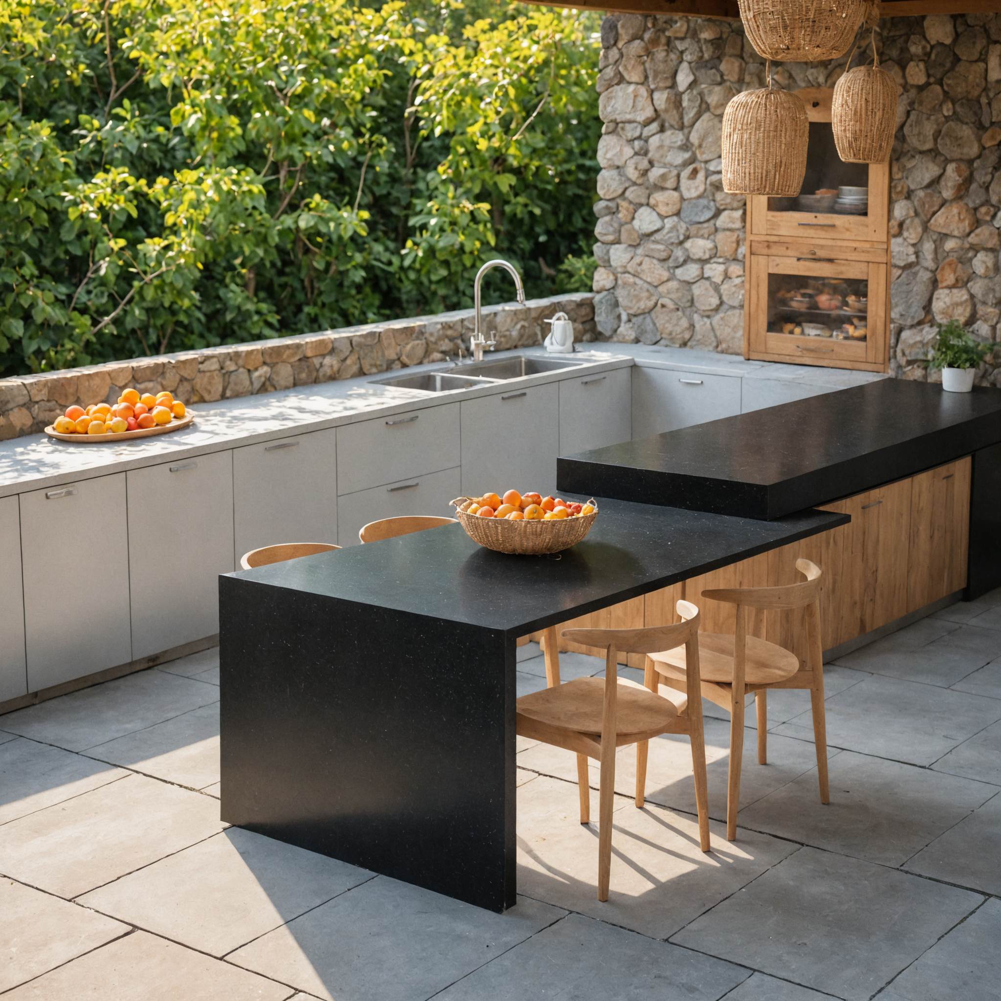 A modern outdoor kitchen with stone walls, a black countertop island, and wood cabinetry, showcasing a luxury outdoor living space from a TP Home project.