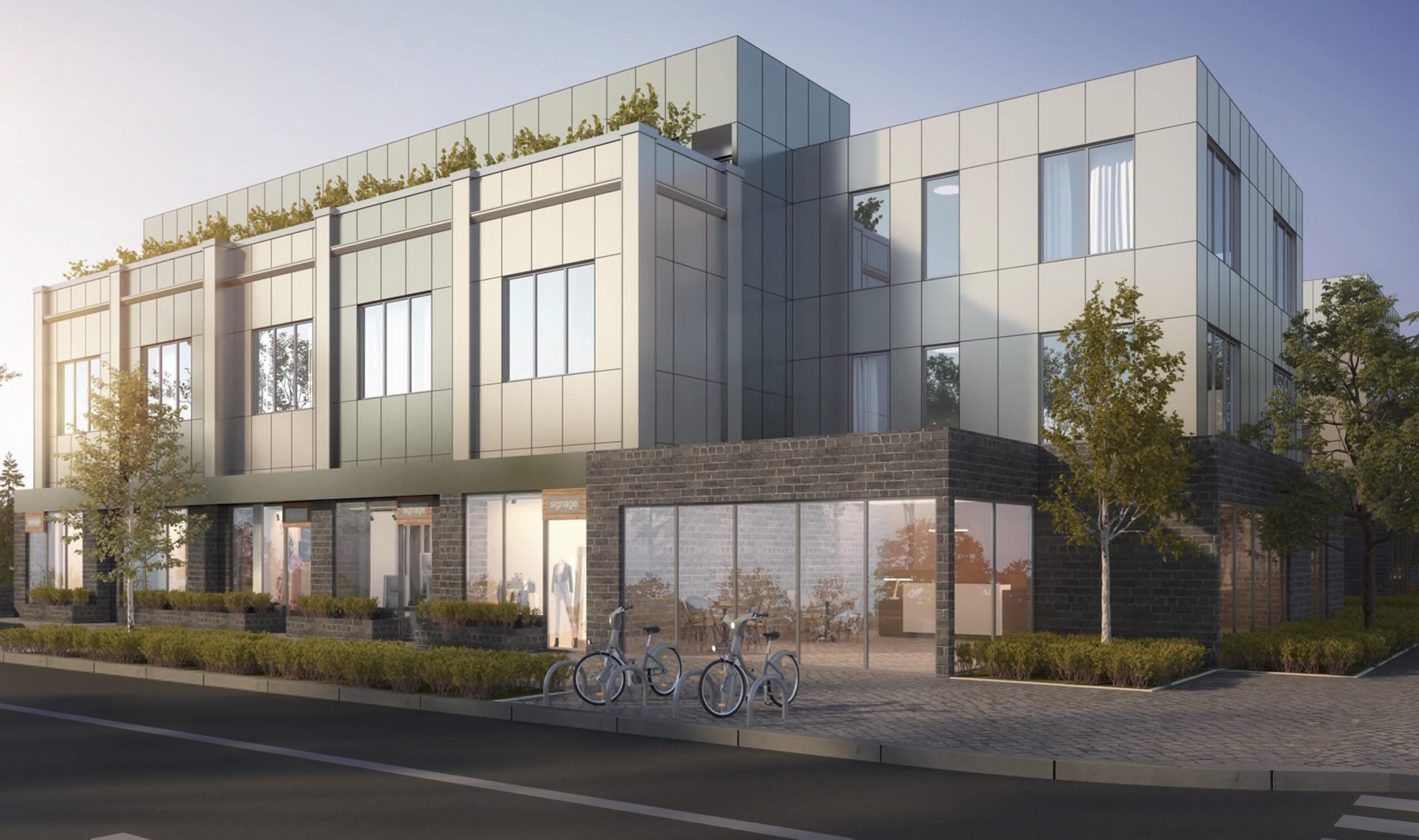 A 3D rendering of a modern commercial building with a mixed facade of metal panels and wood siding, visualizing a new development for a WA project.