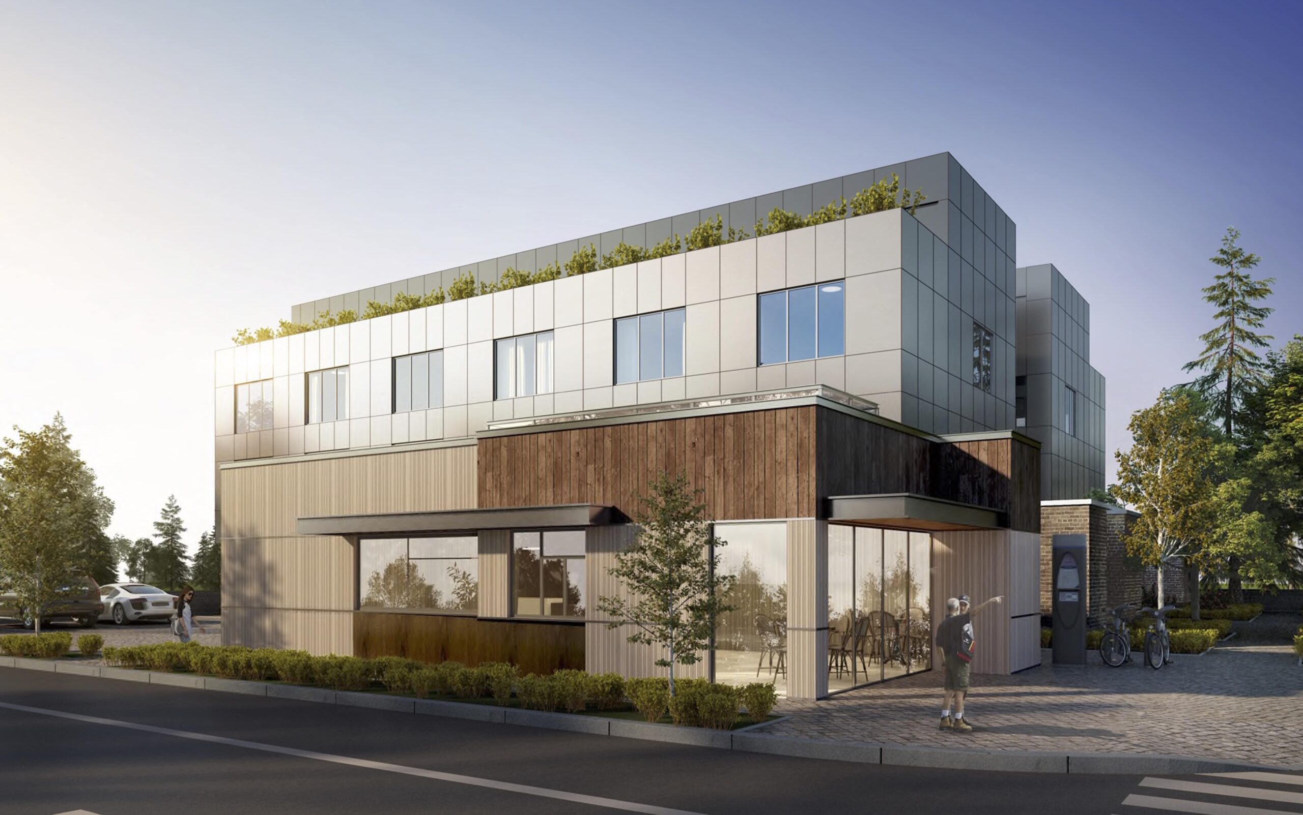 A 3D architectural rendering of a modern building with large windows and a clean design, showcasing the urban feel of a Washington project.