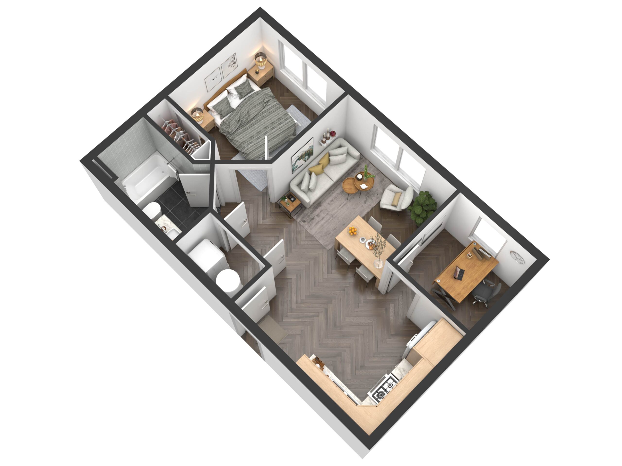 A top-down 3D floor plan visualization of a complete two-bedroom apartment unit, showing the layout and furniture for a new TP Home project.
