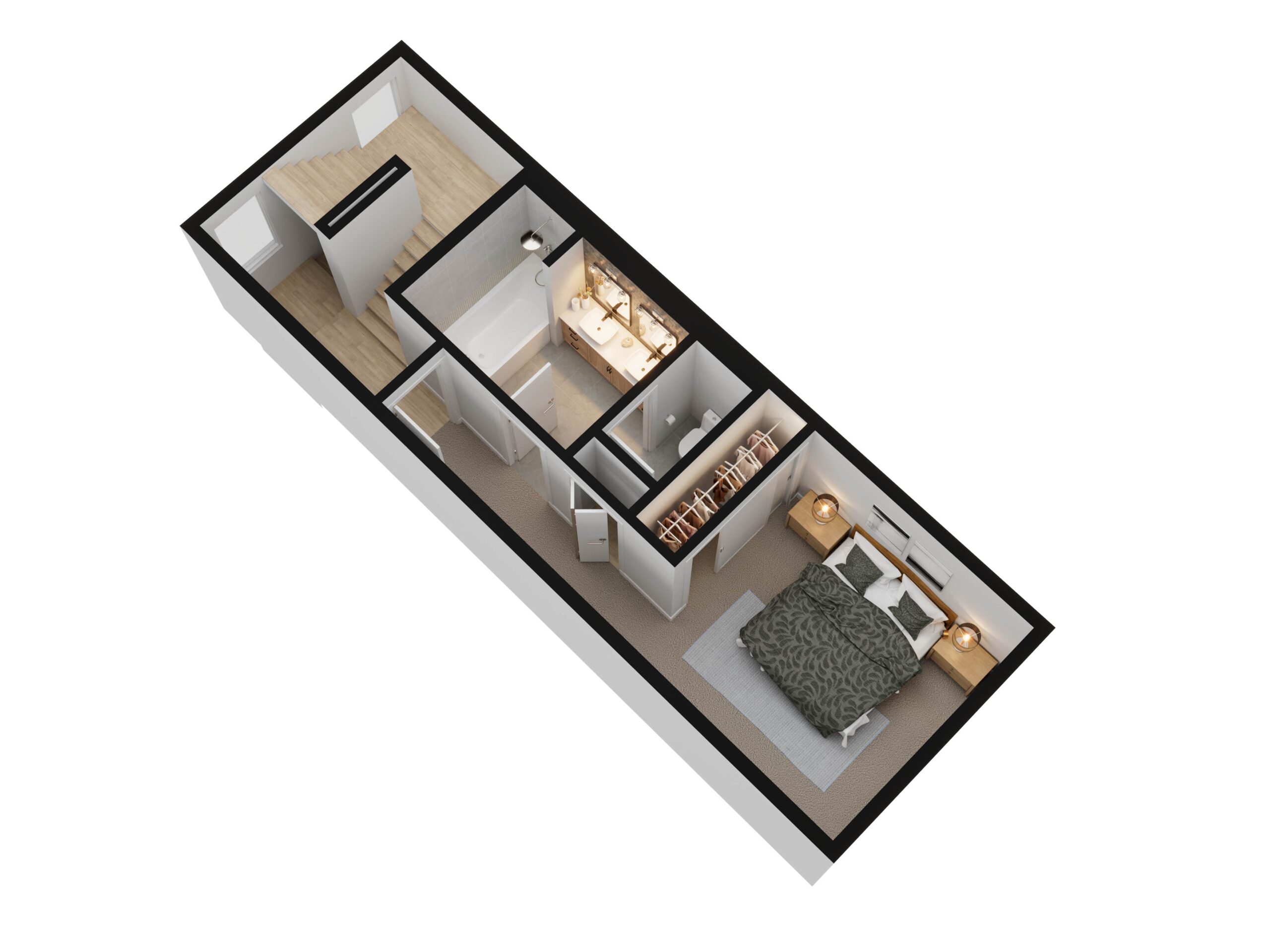 A 3D floor plan rendering of a narrow, multi-level living space, featuring a bedroom and bathroom layout for a Washington home.