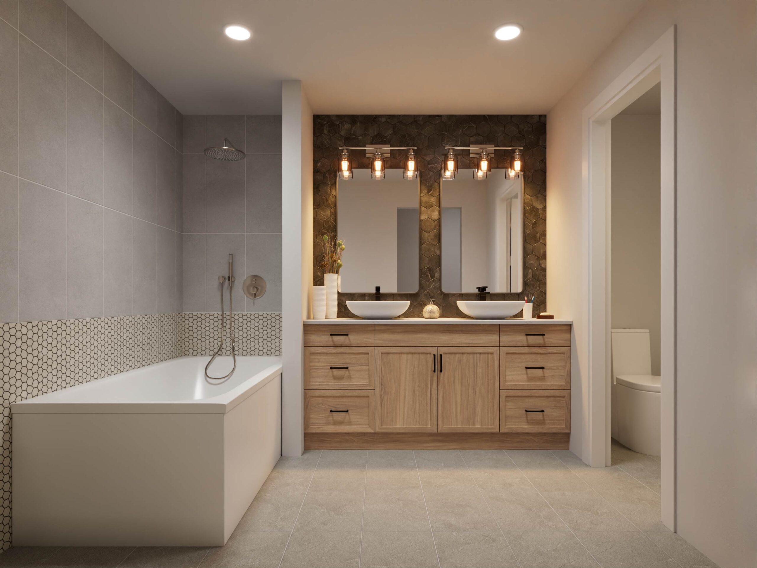 A 3D rendering of a modern bathroom with a double vanity, wood cabinets, and a patterned accent wall, showcasing a design concept for a new build.