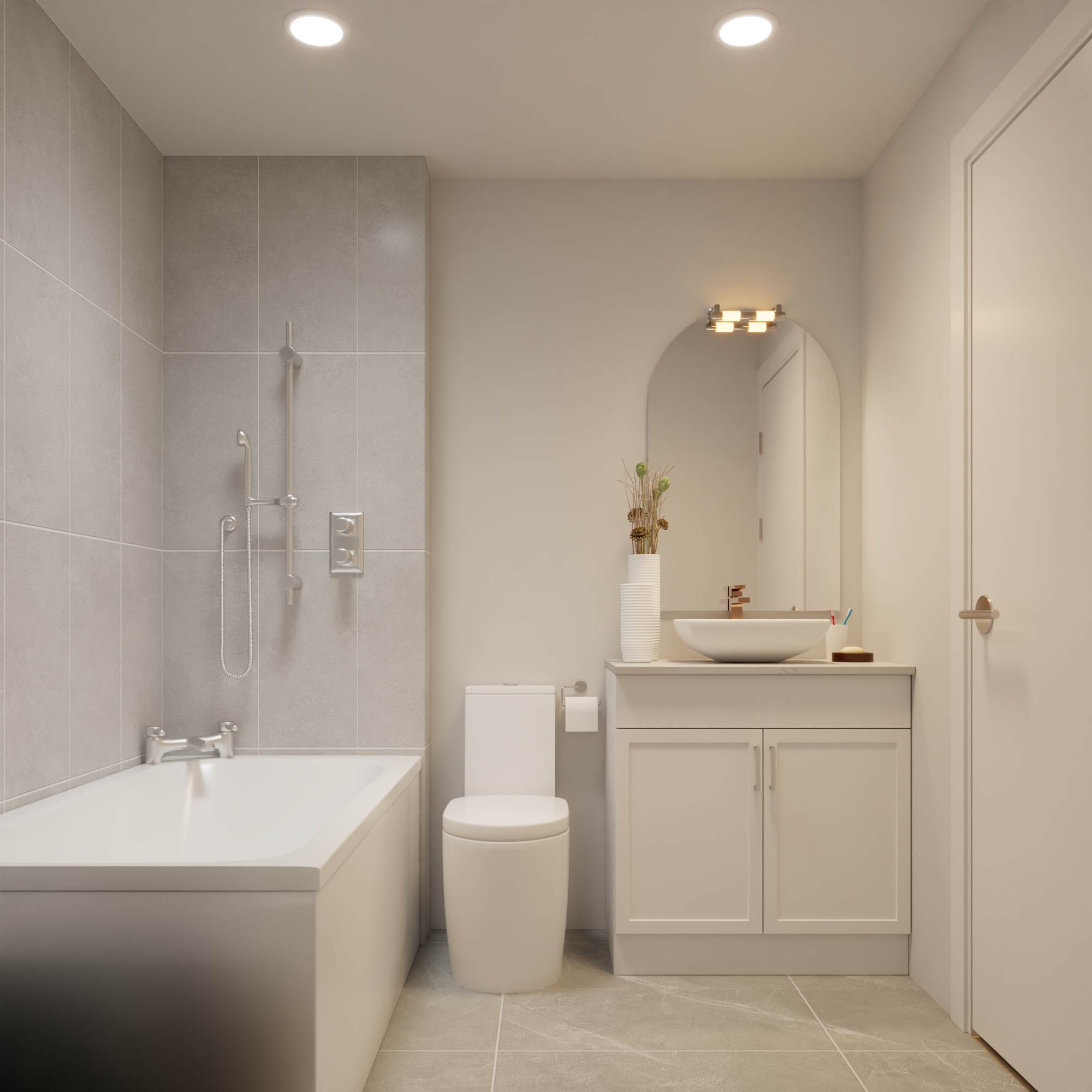 A minimalist 3D rendering of a bathroom with a clean white bathtub, simple vanity, and light gray tiled walls, demonstrating a modern design for a WA home.