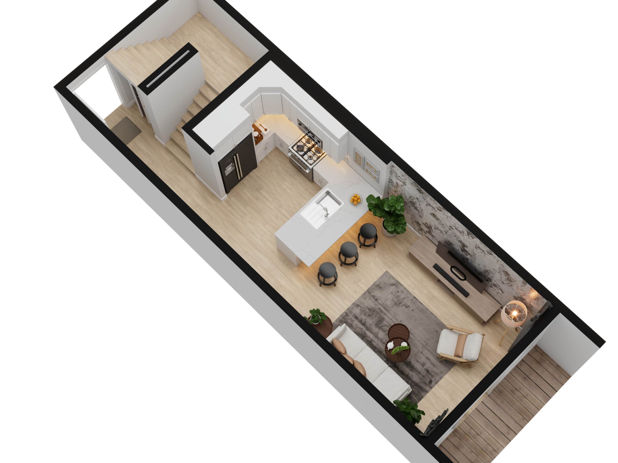 An architectural visualization of a narrow floor plan, showing an open-concept living area and kitchen with a kitchen island and modern furniture.