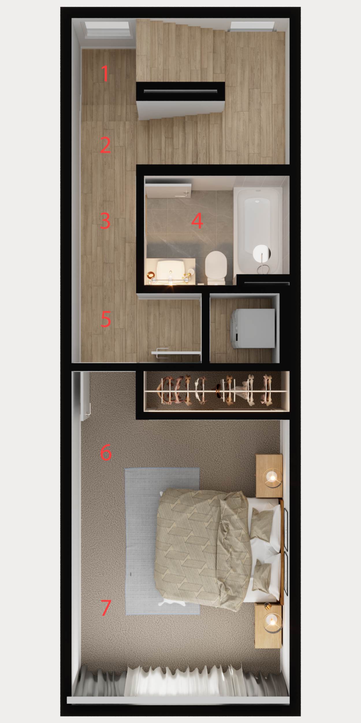 A top-down 3D floor plan of a modern apartment, visualizing the layout of the kitchen, bathroom, and bedroom spaces for a Washington project.

