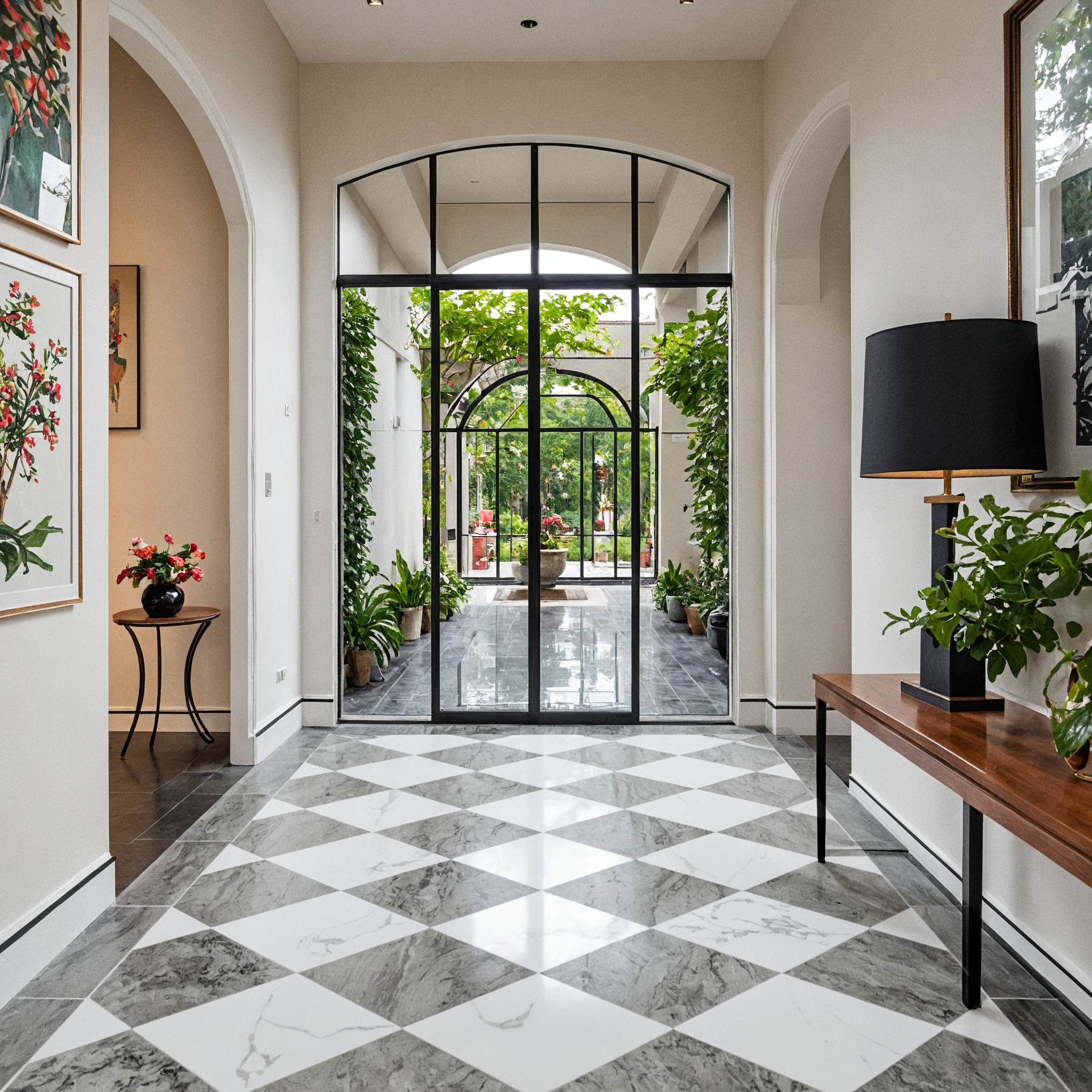 A modern home entryway with a striking checkered marble floor, arched doorways, and plants, showcasing a unique and luxurious interior design.