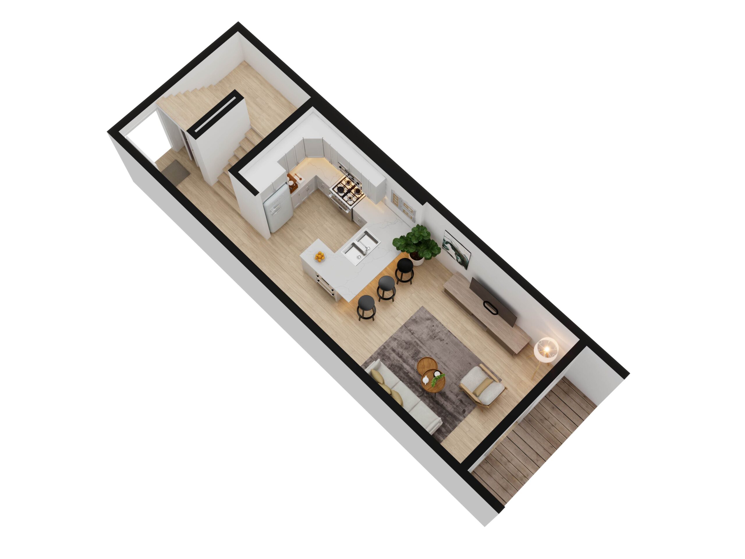 An angled 3D rendering of a multi-level floor plan, showcasing the kitchen, living room, and a staircase in a modern home design.