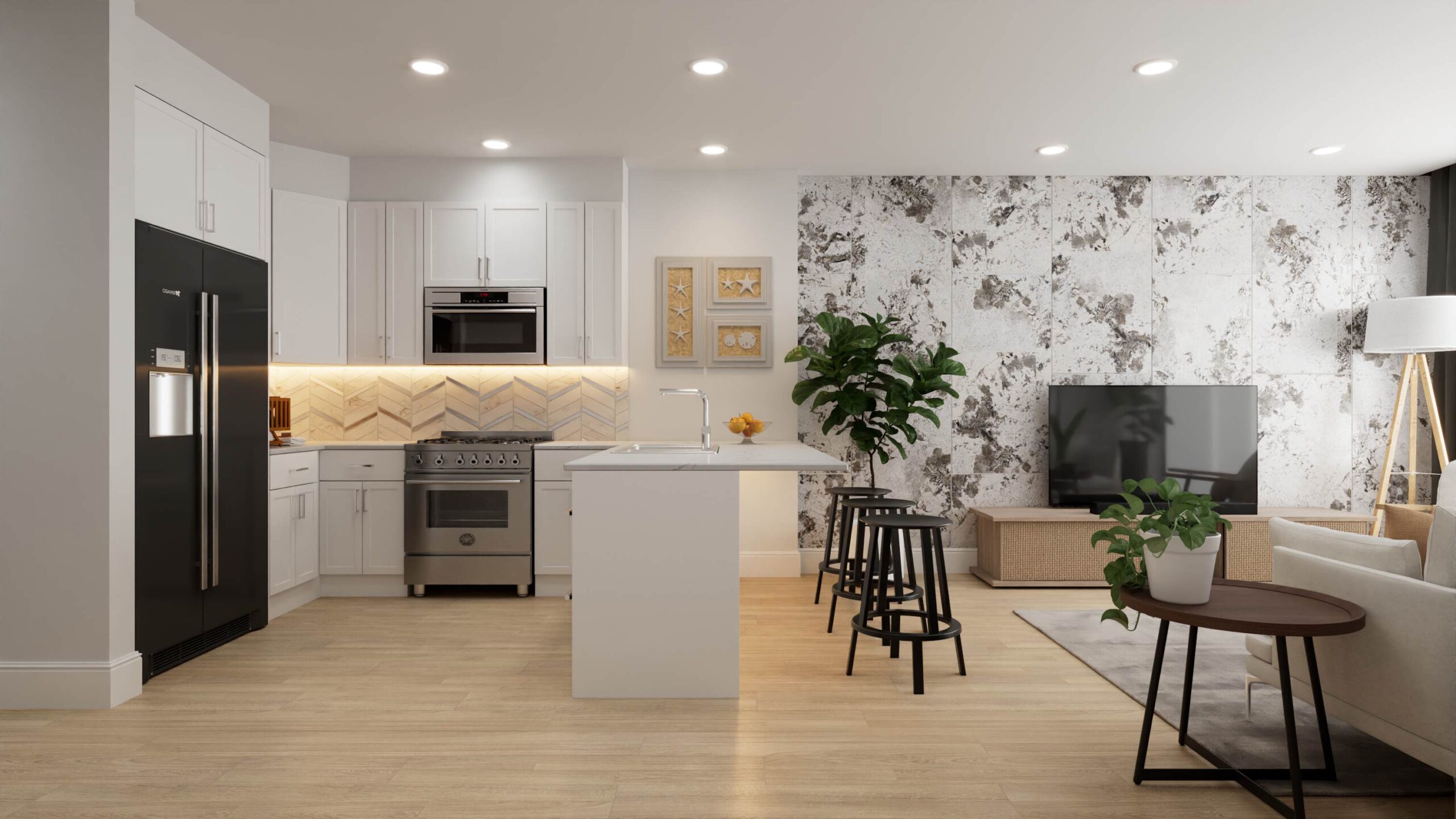 A 3D rendering of an open-concept living room and kitchen with white cabinets, a modern black fridge, and a chevron backsplash, showcasing an interior design from a WA project.