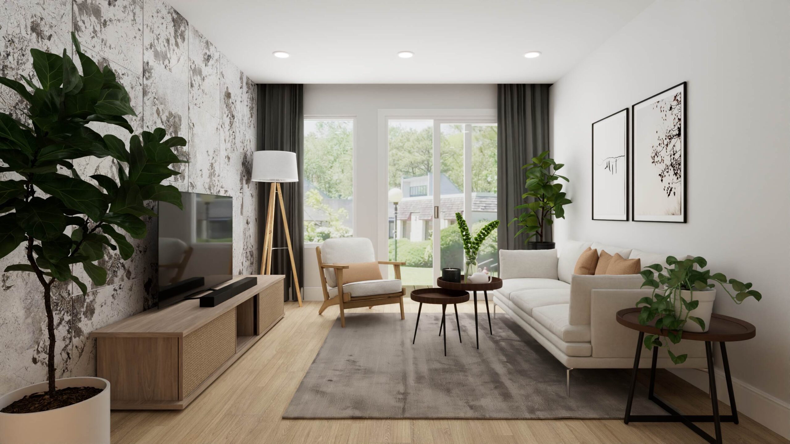 A 3D visualization of a modern living room featuring a media console, large windows, and a couch, designed to show the space of a TP Home project.