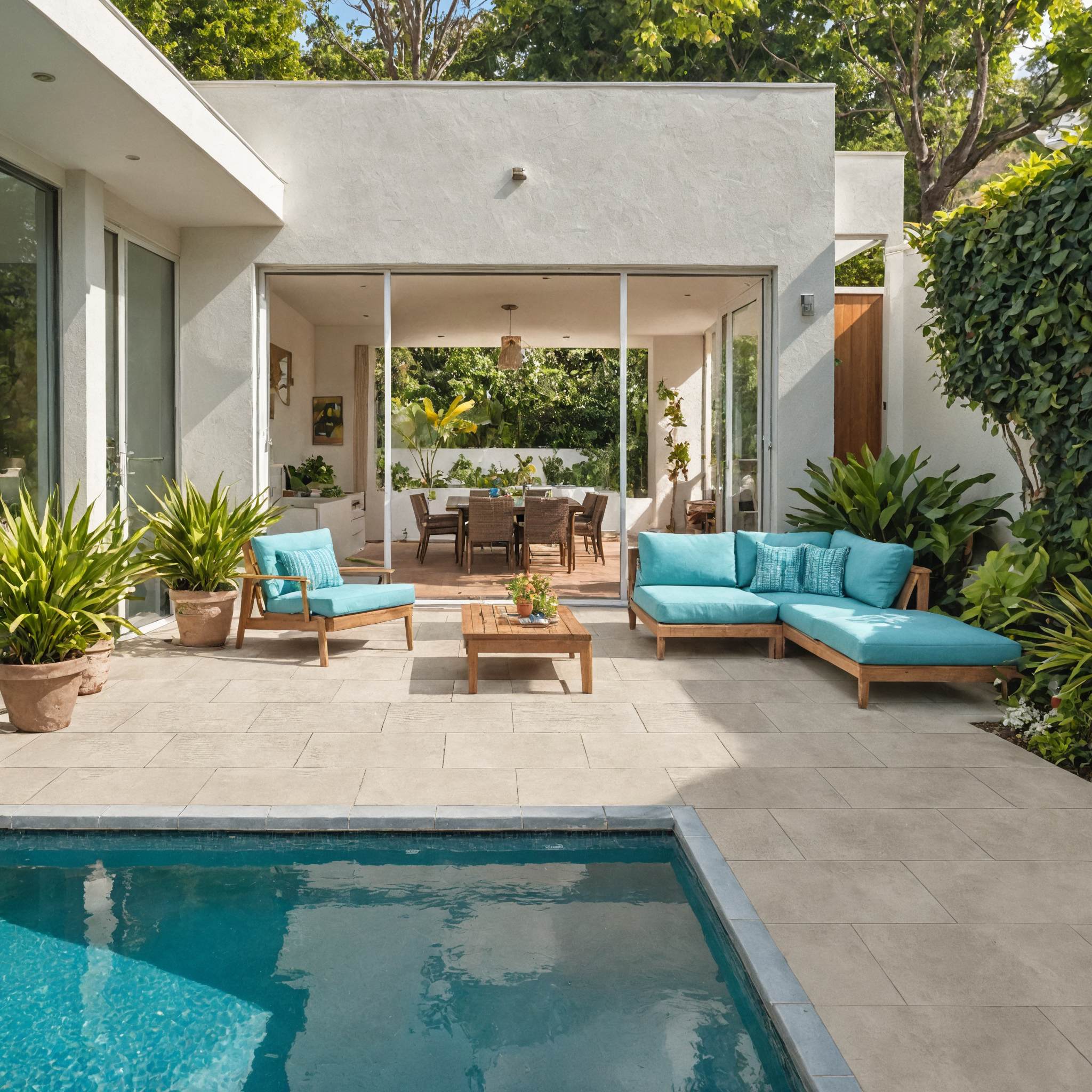 A 3D rendering of a backyard patio with a pool, lounge chairs, and a dining area visible through large sliding glass doors, showcasing the luxury outdoor living space.