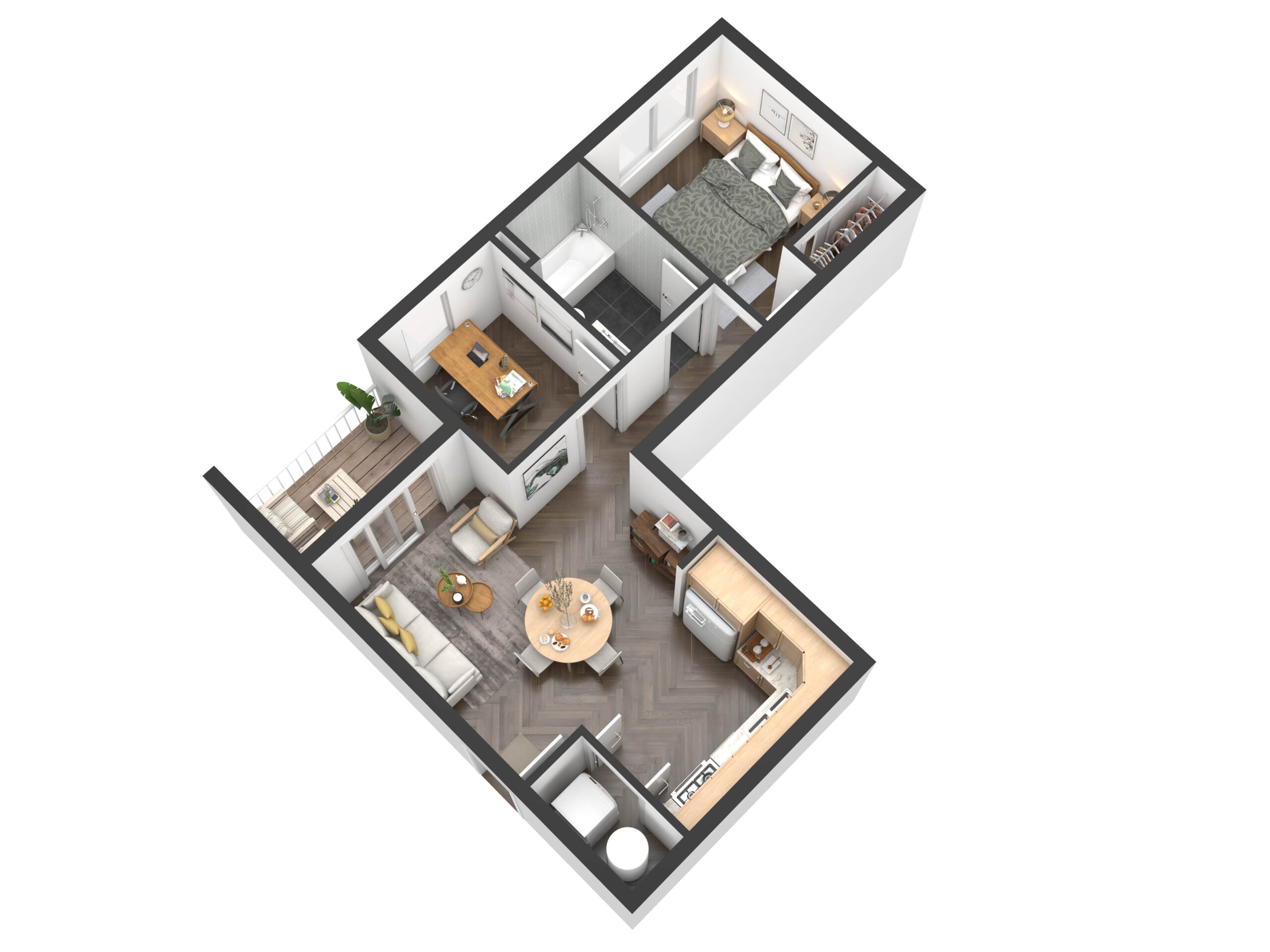 A full floor plan visualization of a modern home, showing the interconnectedness of the living room, kitchen, dining area, and bedroom spaces.