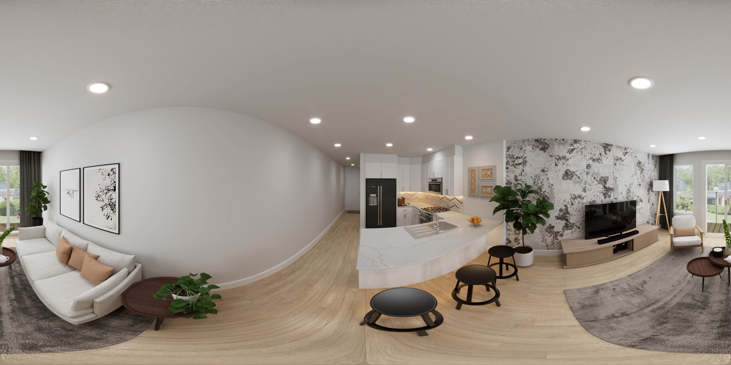 A panoramic 3D rendering of a bright, open living space and kitchen, highlighting the flow and design from a TP Home project visualization.