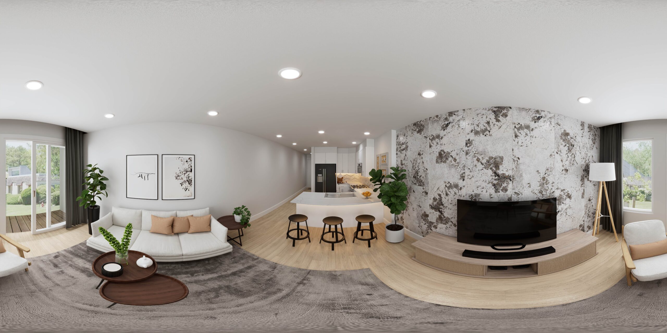 A panoramic 3D visualization of a contemporary living room and kitchen with a stylish wall finish and modern furniture, created for a Washington home build.
